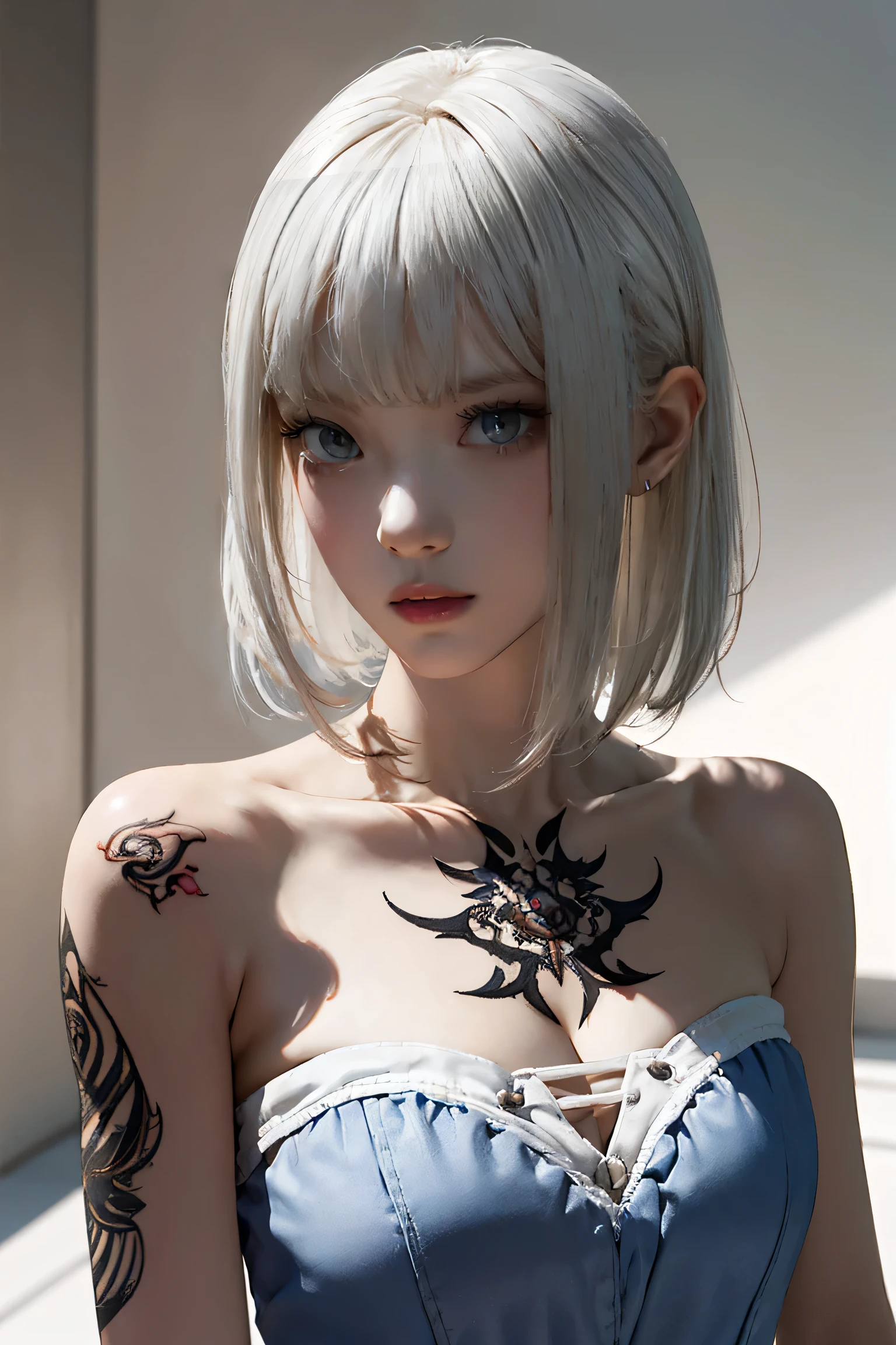 ((Close-up of a woman with tattoos on her chest)), girl, ((Short white hair with bangs, Black strands of hair)), Purple eyes, White T-shirt and white cape, Pendant around the neck. 超High resolution.Photorealistic. 超High resolution.Photorealistic:1.4,超High resolution. Realistic,High resolutionで, masterpiece, Highest quality, Very detailed, Better Shadows, Volumetric lighting), super high quality, High resolution, 8k, Ultra-Realistic Portraits , Photorealistic, Dynamic Lighting, Volumetric lighting, Very detailed顔,