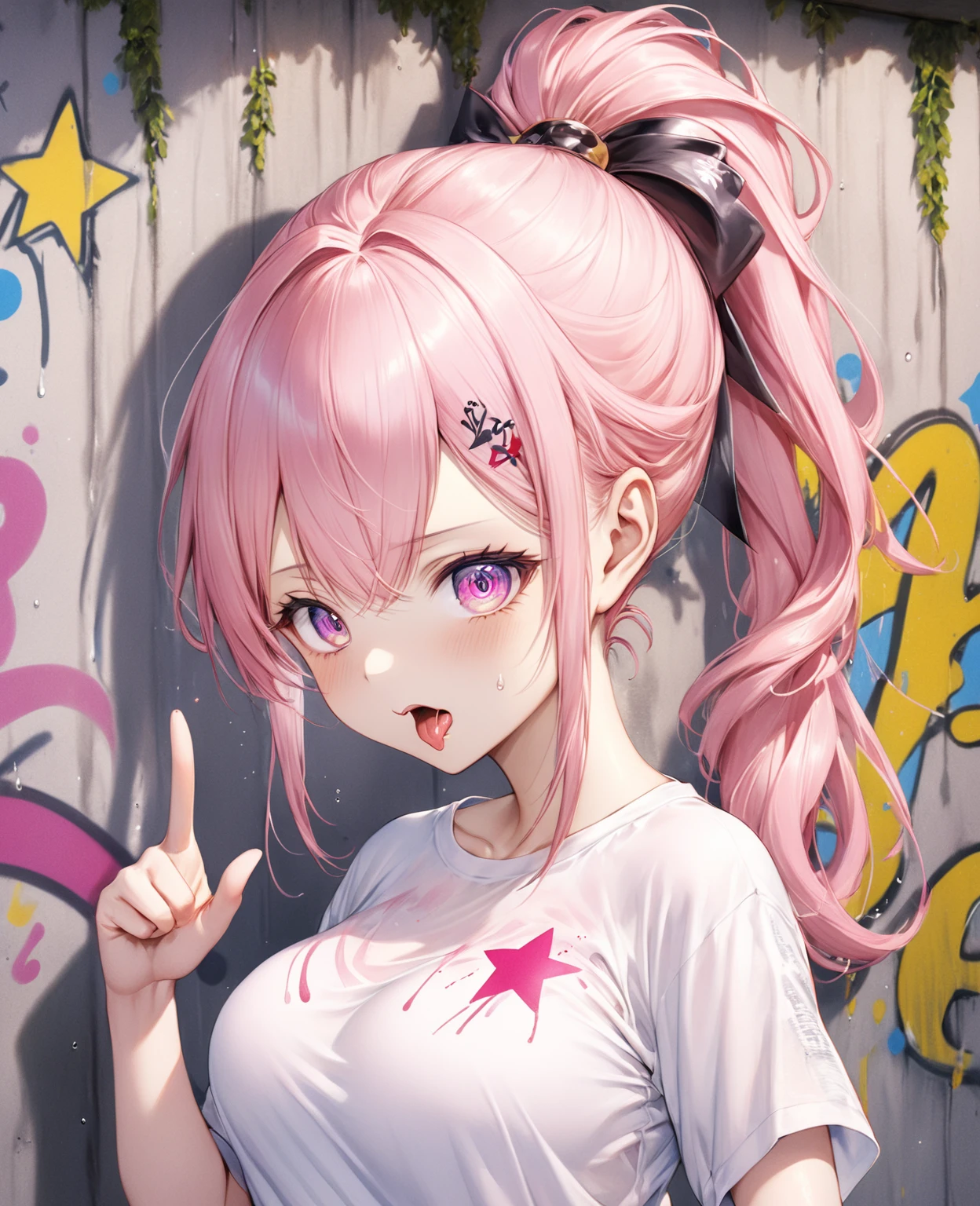 (Highest quality,8k,32K,masterpiece,Ultra-high resolution :1.2 ),born,One girl,Super cute,Natural light,Clear, shining eyes,20-year-old,Fair skin,A fantasy background of a clubhouse-like electronic world,Pink Hair,Hairstyle with some white mesh,High ponytail,Large Breasts,Oversized T-shirts,Nagashi somen,Nagashi somenを胸で受け止めている,Water on the chest,Meloic sign,Wish pose,Pink star tattoo under eye,Sticking out his tongue, he is teasing us.,There is spray-painted graffiti on the wall,Band members,Tree eyes