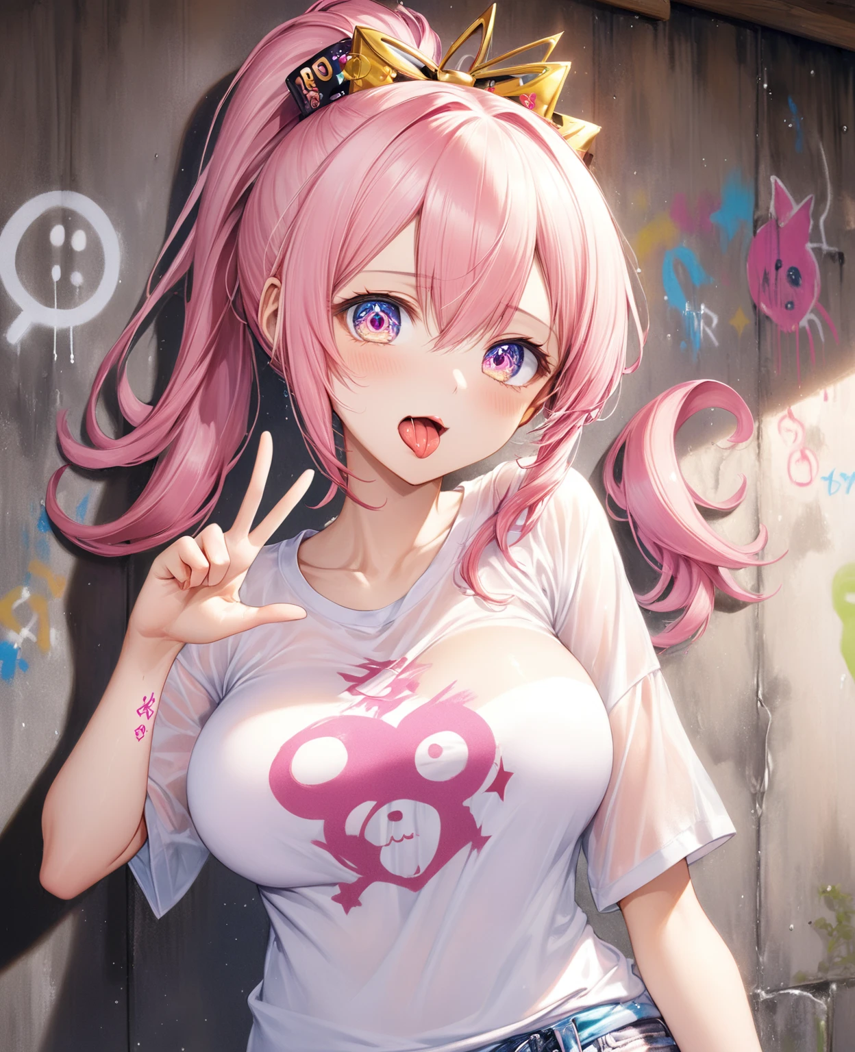 (Highest quality,8k,32K,masterpiece,Ultra-high resolution :1.2 ),born,One girl,Super cute,Natural light,Clear, shining eyes,20-year-old,Fair skin,A fantasy background of a clubhouse-like electronic world,Pink Hair,Hairstyle with some white mesh,High ponytail,Large Breasts,Oversized T-shirts,Nagashi somen,Nagashi somenを胸で受け止めている,Water on the chest,Meloic sign,Wish pose,Pink star tattoo under eye,Sticking out his tongue, he is teasing us.,There is spray-painted graffiti on the wall,Band members,Tree eyes