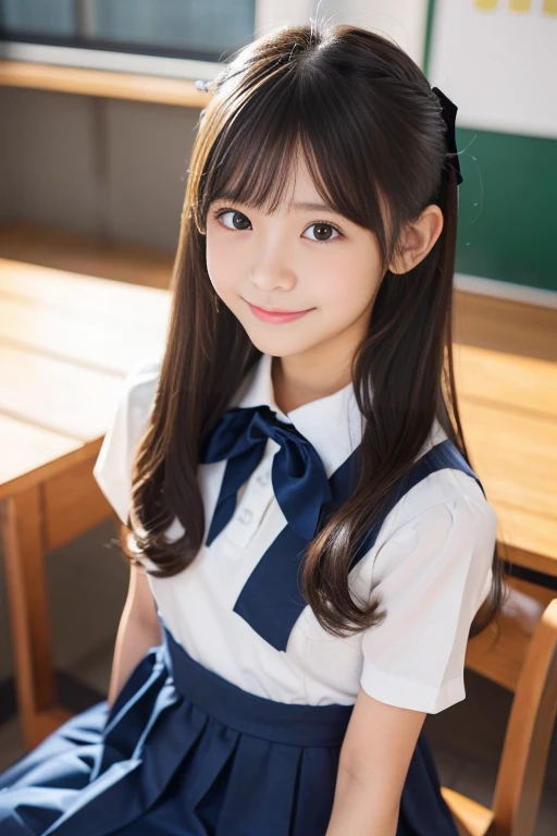 (((masterpiece))), (((Full body photo,Full-body display)))， (Beautiful Japanese Girl, Innocence，cute) ，Ultra-high resolution, Realistic, Ultra-detailed, 8k,Highest quality, Very detailed, Detailed Background,Slender,とてもBeautiful Japanese Girl, Detailed face:1.3), (Fluffy long hair,Black hair tied with a ribbon :1.4), (Baby Face，cute系,Adorable 12 year old girl), (Perfect body:1.1),，Cute Smile:、show me your beautiful teeth、非常にDetailed face、Detailed lips、Detailed eyes、 gravure idol，Clear Skin、Realistic:1.37，No makeup，Neutral lighting,(Highest quality, masterpiece), (One girl, school uniform,Navy blue dress,Neck ribbon,View your viewers, Mouth closed,),Pose to be pampered,In the classroom，Bright lighting