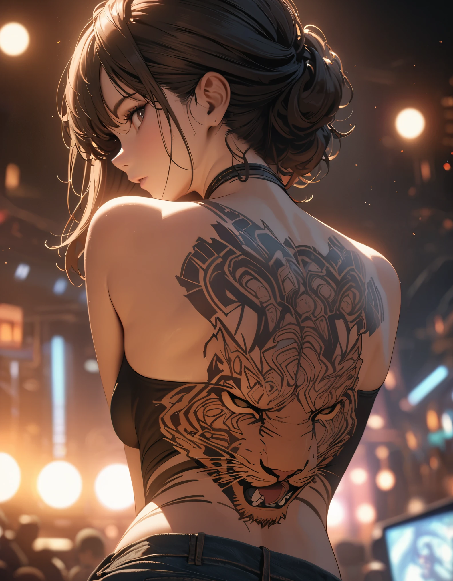 official art, unified 8k wallpaper, Super detailed, Beautiful and beautiful, masterpiece, best quality,,Low cut clothing,Beauty close-up,back,look back,tattoo art,tiger tattoo,Hojoji manga art style,Neon special effects,movie lighting,8k,best quality,masterpiece,OC renderer,Dynamics poses