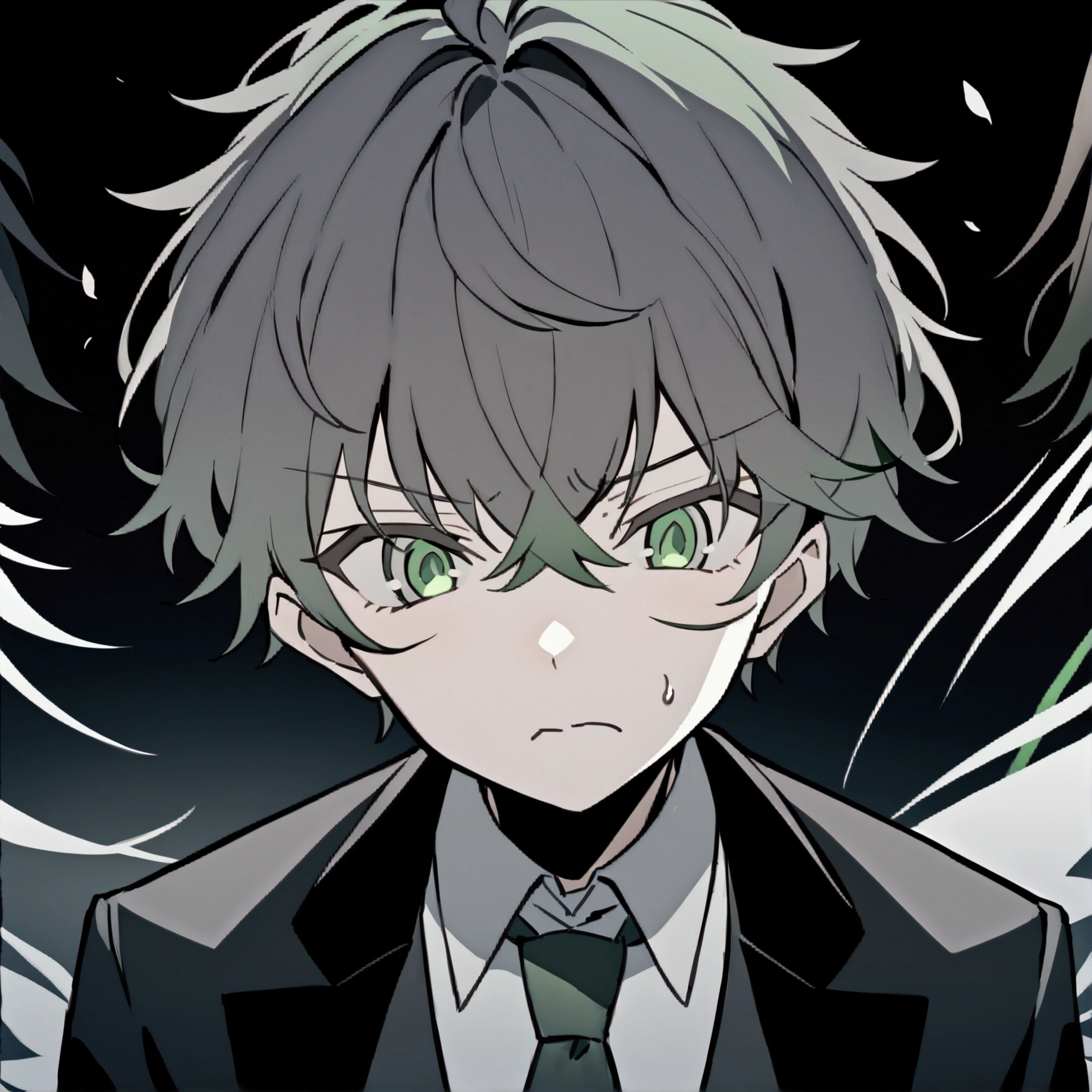 Anime male, Really black & Dark greenish gradient, Black suit, tired eyes, blank gradient green eyes, dark green tie, sick face expression, calm demeanor