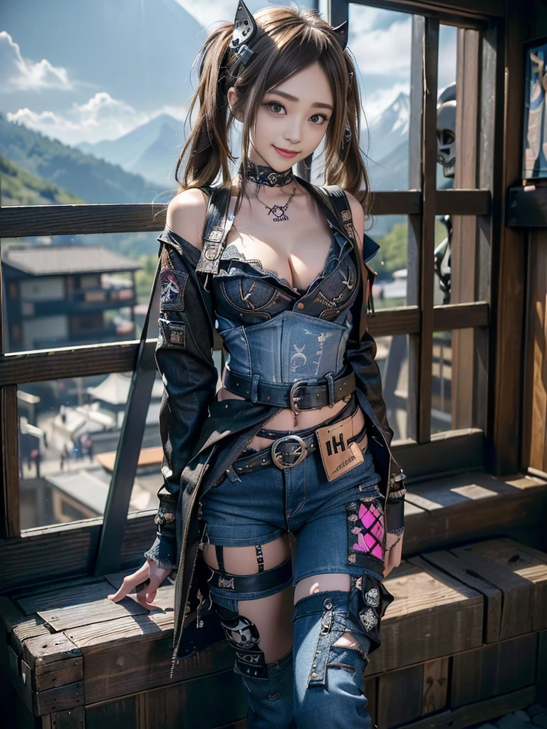 (Beautiful lips and nose:1.4)、(Long eyelashes:1.4)、(Smiling with teeth showing:1.3),(Shibuya Gal:1.5)、(Gothic ta delicately decorated dress:1.5)、(Tattered denim and black punk rock cargo pants:1.5)、(Denim and black navy skull mark small jacket:1.4)、(denim garter belt:1.5)、(Black and denim knee socks:1.3)、(Skull Silver Accessories:1.5)、(Denim collar:1.3)、(Brown Skin Belt:1.4)、(Brown boots:1.2)、(The underwear is striped:1.4)、31 years old、((Highest quality、In 8K、masterpiece:1.3))、Sharp focus:1.2、(Layered Cut、Huge boobs:1.1),Beautiful woman with perfect figure:1.4、(Dancing vigorously:1.3)、Slender Abs:1.2、Highly detailed face and skin texture、Detailed eyes、double eyelid,(Twin tails:1.3)、(Brown-golden hair:1.3)、Gravure idol、(The background is a vast mountain with a clear view々Beautiful luxury resort destination in Europe:1.3)、(Slim Body:1.2),(Make your legs thinner:1.4),(clavicle:1.1)