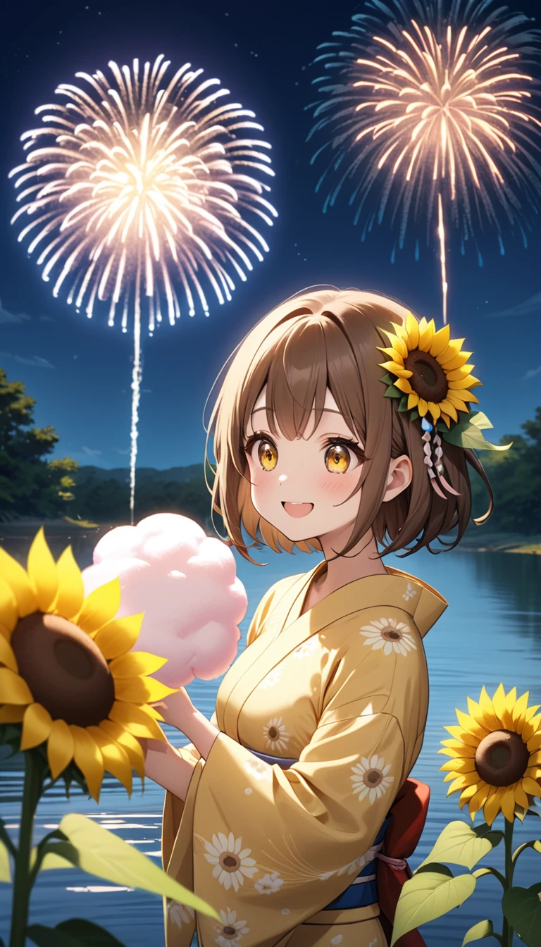 standing in front of a lake with fireworks like sunflower, Brown bob hair、A cute character wearing a yellow yukata with a brown obi。She has a sunflower in her hair、Blushing cheeks and closing your eyes、smile。The character is holding a large piece of cotton candy。Light up your face in a dimly lit atmosphere。Emotional atmosphere。