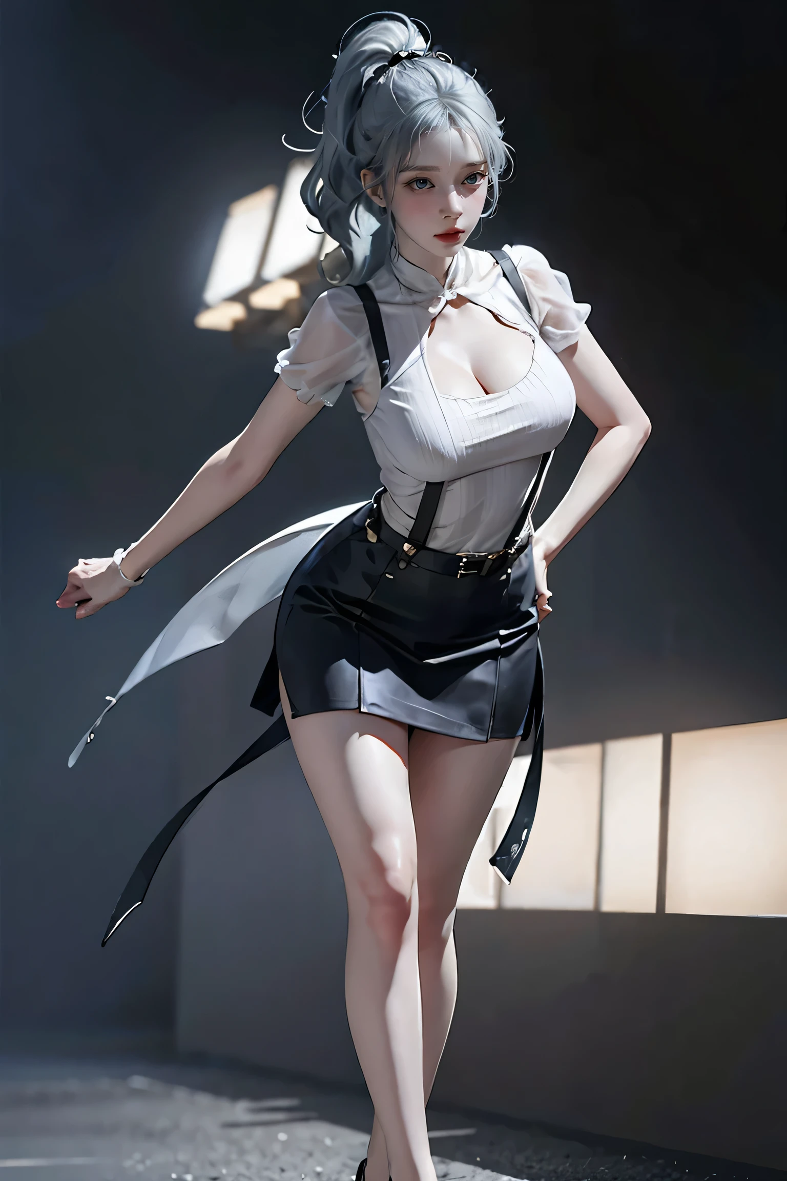 Black Skirt, suspenders, Silver hair, grey eyes, 脚にガーターbelt, Tight clothing, belt, Dark look, ponytail, Realistic, Dynamic Lighting, Volumetric lighting, Highly detailed face,(NSFW:1.0), Full Body Stand Posture, Thin legs, ((Large Breasts)), Detailed facial details, Natural and beautiful standing posture,(The clothes are see-through)