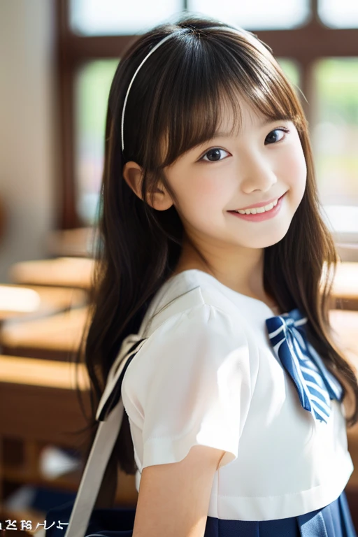 (((masterpiece))), (((Full body photo,Full-body display)))， (Beautiful Japanese Girl, Innocence，cute) ，Ultra-high resolution, Realistic, Ultra-detailed, 8k,Highest quality, Very detailed, Detailed Background,Slender,とてもBeautiful Japanese Girl, Detailed face:1.3), (Fluffy long hair,Black hair tied with a ribbon :1.4), (Baby Face，cute系,Adorable 12 year old girl), (Perfect body:1.1),，Cute Smile:、show me your beautiful teeth、非常にDetailed face、Detailed lips、Detailed eyes、 gravure idol，Clear Skin、Realistic:1.37，No makeup，Neutral lighting,(Highest quality, masterpiece), (One girl, school uniform,Navy blue dress,Neck ribbon,View your viewers, Mouth closed,),Pose to be pampered,In the classroom，Bright lighting