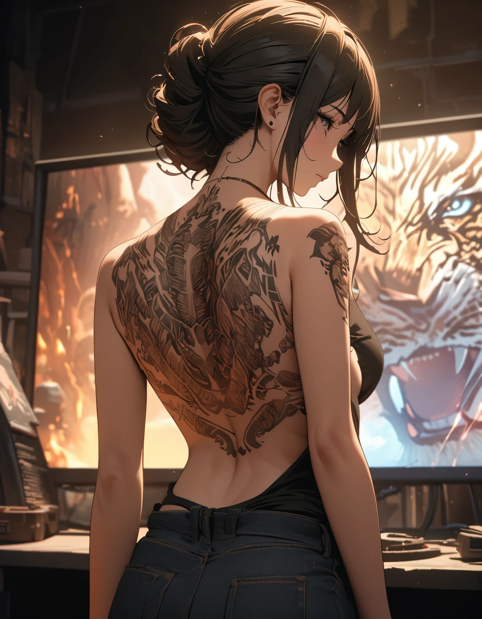 official art, unified 8k wallpaper, Super detailed, Beautiful and beautiful, masterpiece, best quality,，Low cut clothing，Beauty close-up，back，look back，tattoo art，tiger tattoo，Hojoji manga art style，Neon special effects，movie lighting，8k，best quality，masterpiece，OC renderer，Dynamics poses 