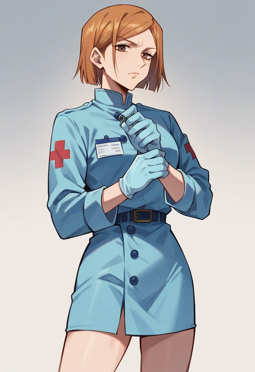 1girl, nobara kugisaki \(jujutsu kaisen\), ((blue medical gloves)), (paramedic uniform), ((long sleeves)), looking at viewer, standing, solo

