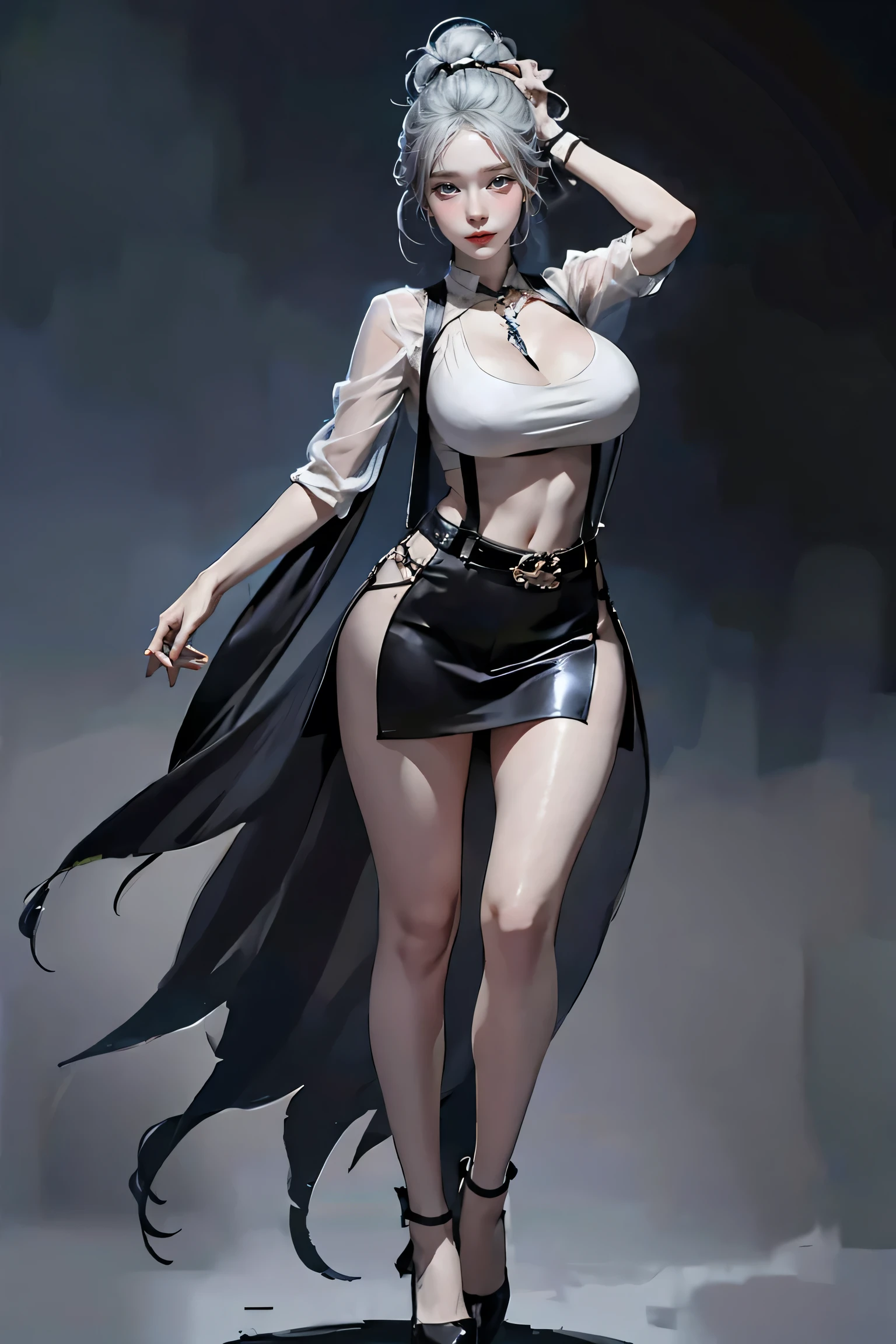 Black Skirt, suspenders, Silver hair, grey eyes, 脚にガーターbelt, Tight clothing, belt, Dark look, ponytail, Realistic, Dynamic Lighting, Volumetric lighting, Highly detailed face,(NSFW:1.0), Full Body Stand Posture, Thin legs, ((Large Breasts)), Detailed facial details, Natural and beautiful standing posture,(The clothes are see-through)