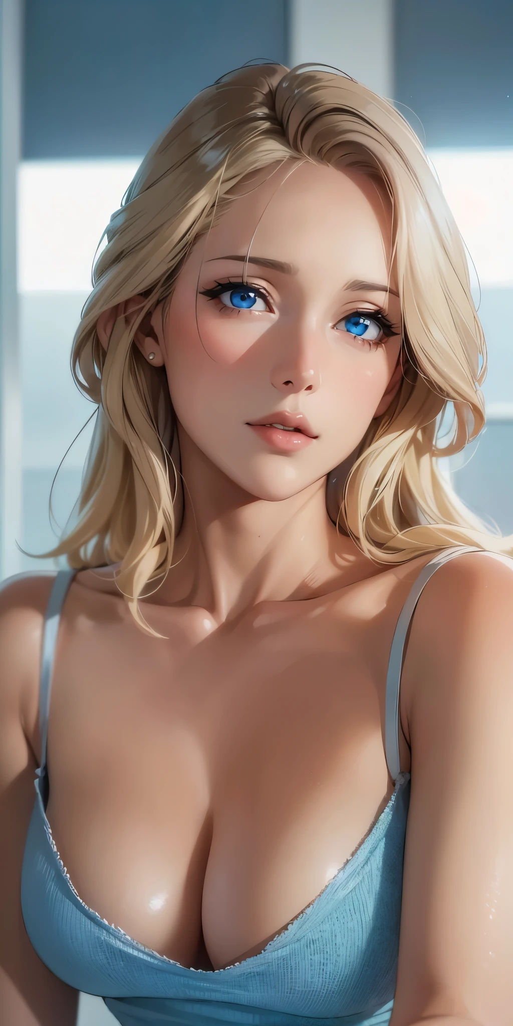 Hot mature woman, blue eyes, blonde hair, soft light, 4k resolution, high quality, beautiful cg