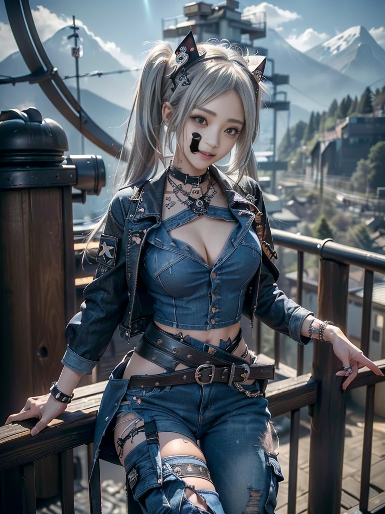 (Beautiful lips and nose:1.4)、(Long eyelashes:1.4)、(Smiling with teeth showing:1.3),(Shibuya Gal:1.5)、(Gothic ta delicately decorated dress:1.5)、(Tattered denim and black punk rock cargo pants:1.5)、(Denim and black navy skull mark small jacket:1.4)、(denim garter belt:1.5)、(Black and denim knee socks:1.3)、(Skull Silver Accessories:1.5)、(Denim collar:1.3)、(hair band:1.3)、(Brown Skin Belt:1.4)、(Brown boots:1.2)、(The underwear is striped:1.4)、31 years old、((Highest quality、In 8K、masterpiece:1.3))、Sharp focus:1.2、(Layered Cut、Huge boobs:1.1),Beautiful woman with perfect figure:1.4、(Dancing vigorously:1.3)、Slender Abs:1.2、Highly detailed face and skin texture、Detailed eyes、double eyelid,(Twin tails:1.3)、(Cream colored hair:1.3)、Gravure idol、(The background is a vast mountain with a clear view々Beautiful luxury resort destination in Europe:1.3)、(Slim Body:1.2),(Make your legs thinner:1.4),(clavicle:1.1)