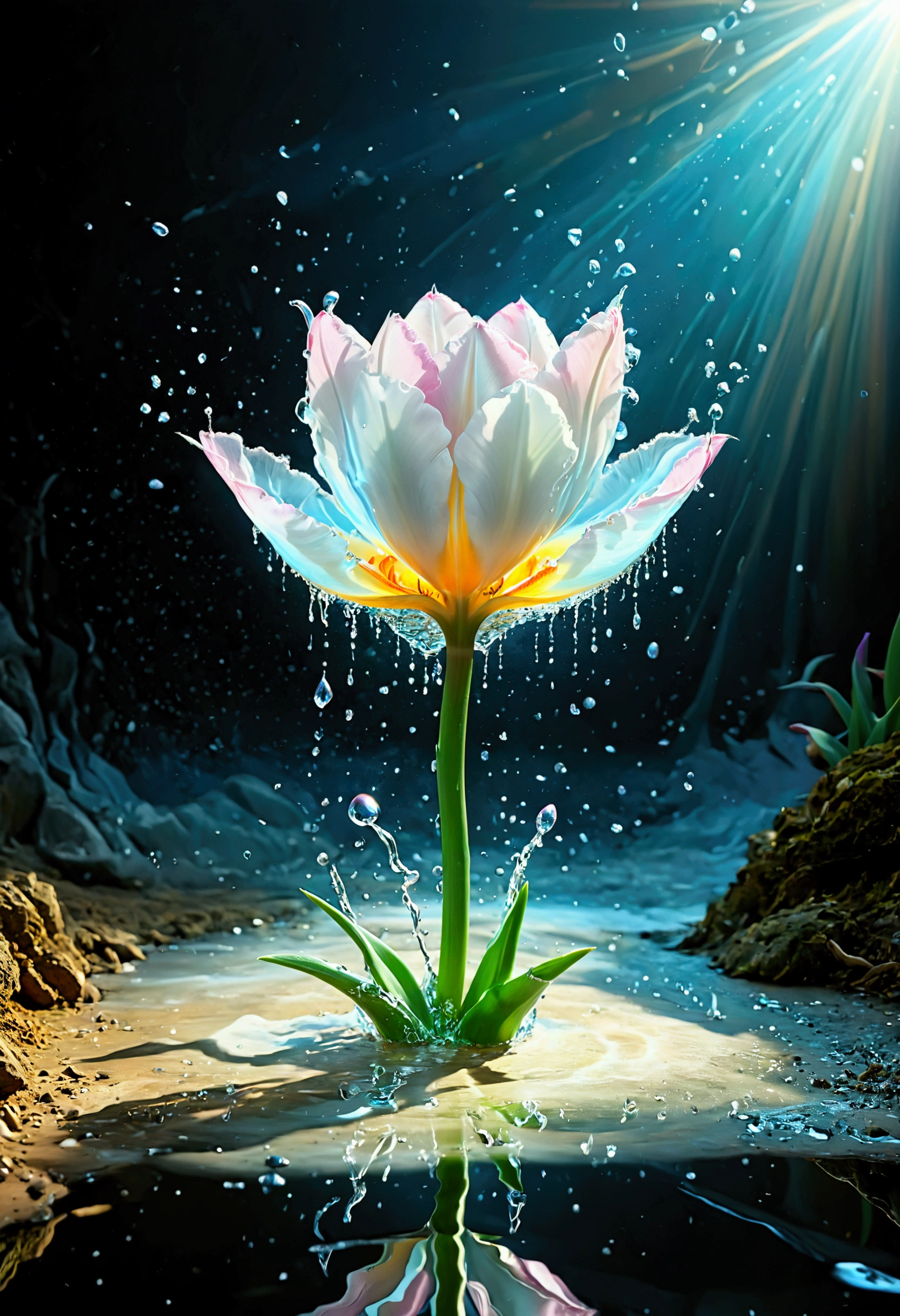 (((intricate detail:1.4))), (((extremely insane detail:1.4))),(((highest quality:1.3))), (((Soft colors 4k highly detailed digital art:1.3))). | Close up of delicate splash of water that forming into magical crystal tulip, as splash of water reflect light, water reflect the magical crystal tulip, each splash detailed and rendered with a masterful gouache technique,surrounded by mysterious atmosphere of light and shadow art, splash of water everywhere, great environment, subtly illuminate,fantasy art behance,surreal, its beauty and strength captured,It gives a majestic aura. Rendered in ultra-high definition with UHD and retina quality, this masterpiece ensures anatomical correctness and textured skin with super detail. With a focus on high quality and accuracy, this award-winning portrayal captures every nuance in stunning 16k resolution, immersing viewers in its lifelike depiction. | ((perfect_composition, perfect_design, perfect_layout, perfect_detail, ultra_detailed)), ((enhance_all, fix_everything)), More Detail, Enhance.