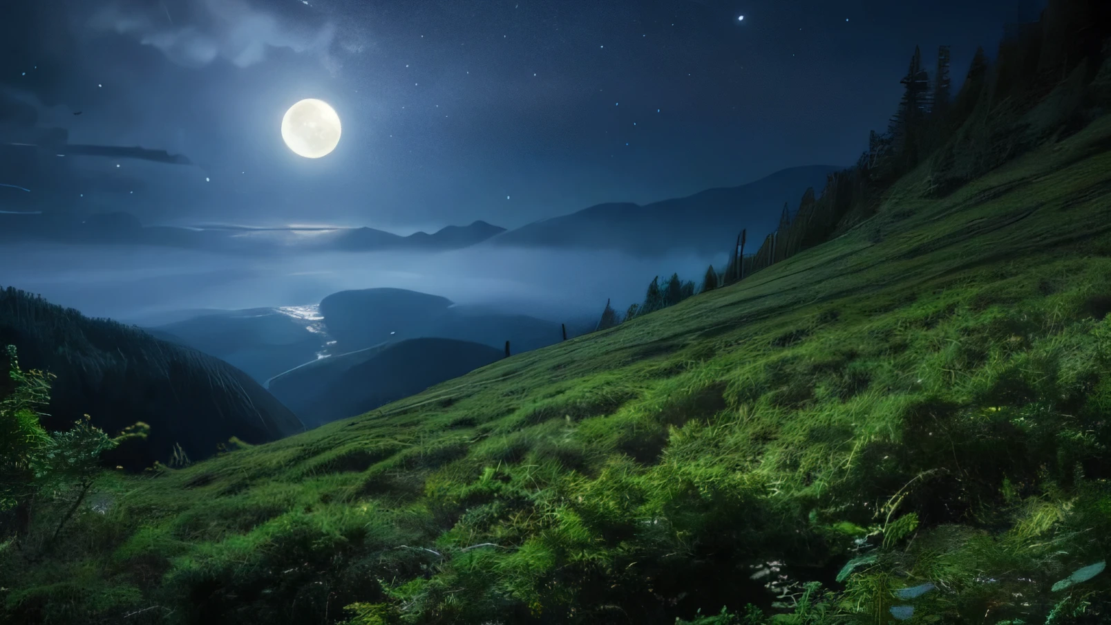 Lush Mountains々，Layer by layer，Stretching towards the sky。The moonlight shines through the gaps in the leaves，Spotted light and shadows fall，Like a symphony of nature，A clear sound that gently echoes in the wind，rocky,Primary forest，Skillfully linking beautiful landscapes,Primary forest,Night Forest,moonlight,The whole screen is blue,Big rock in front