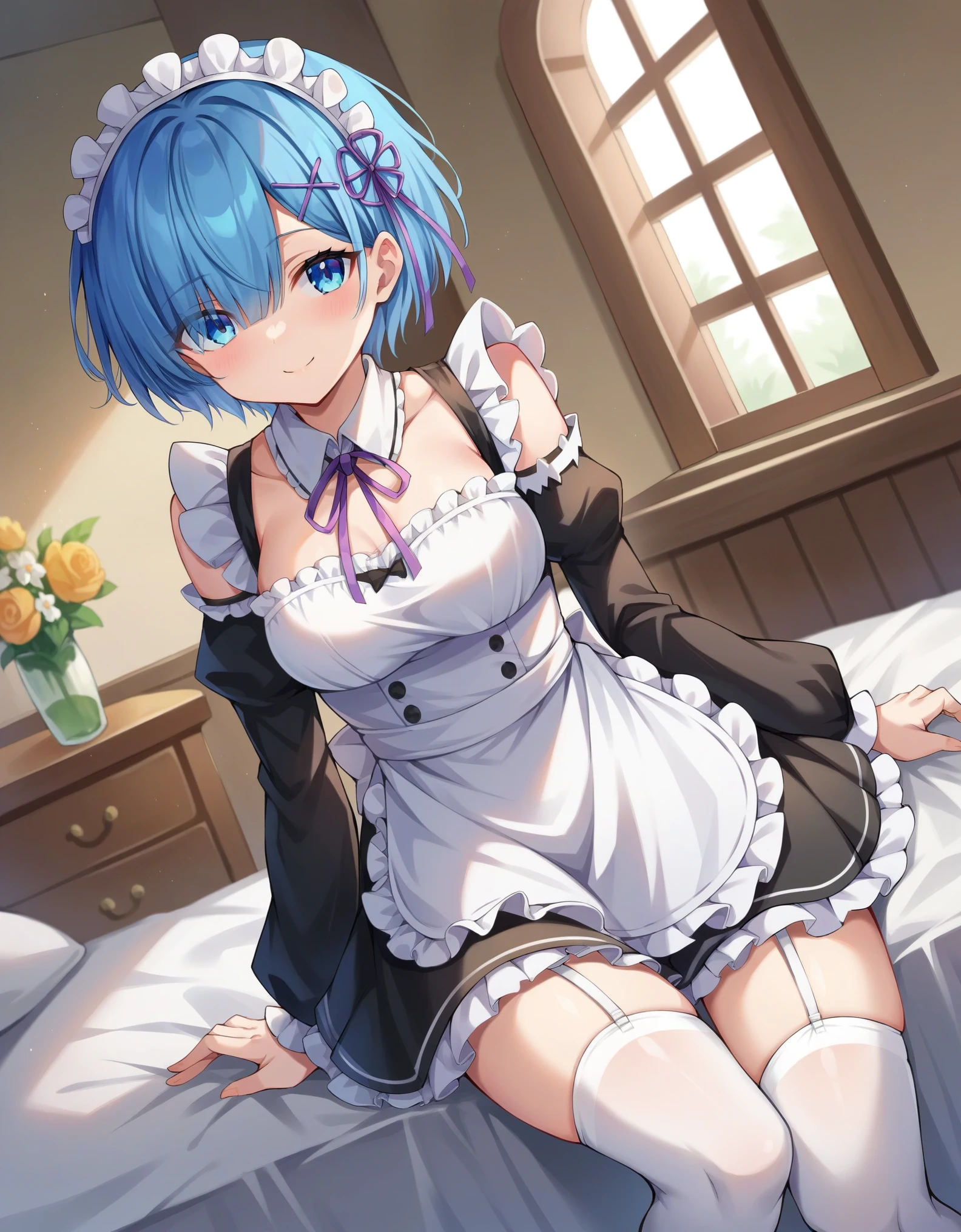 score_9, score_8_up, score_7_up, source_anime,
rezerorem, rem, blue eyes, blue hair, hair ornament, hair over one eye, hair ribbon, short hair, x hair ornament, smile,
apron, black ribbon, black skirt, black sleeves, detached collar, detached sleeves, flower, frilled apron, frilled skirt, frills, head wreath, long sleeves, maid, miniskirt, neck ribbon, purple ribbon, ribbon, ribbon trim, ribbon-trimmed sleeves, roswaal mansion maid uniform, short hair, skirt, thighhighs, waist apron, white apron, white thighhighs,
indoors, bed, on side,
looking at viewer, dutch angle, cowboy shot,