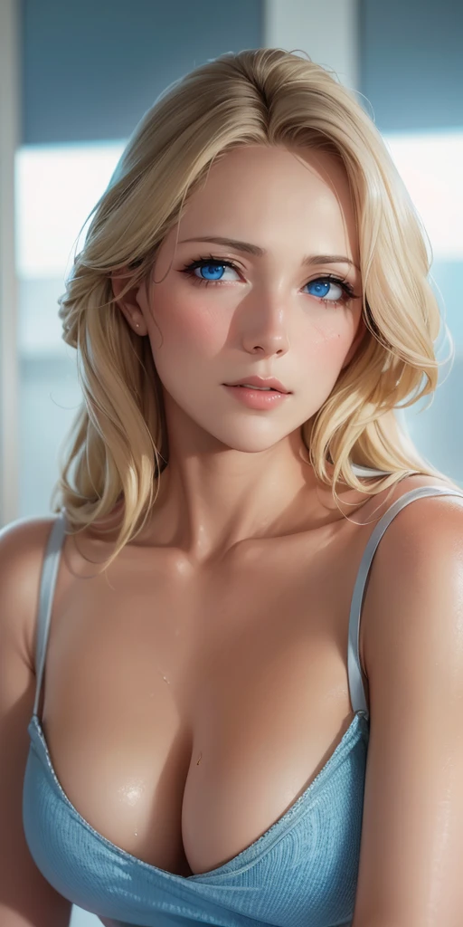 Hot mature woman, blue eyes, blonde hair, soft light, 4k resolution, high quality, beautiful cg