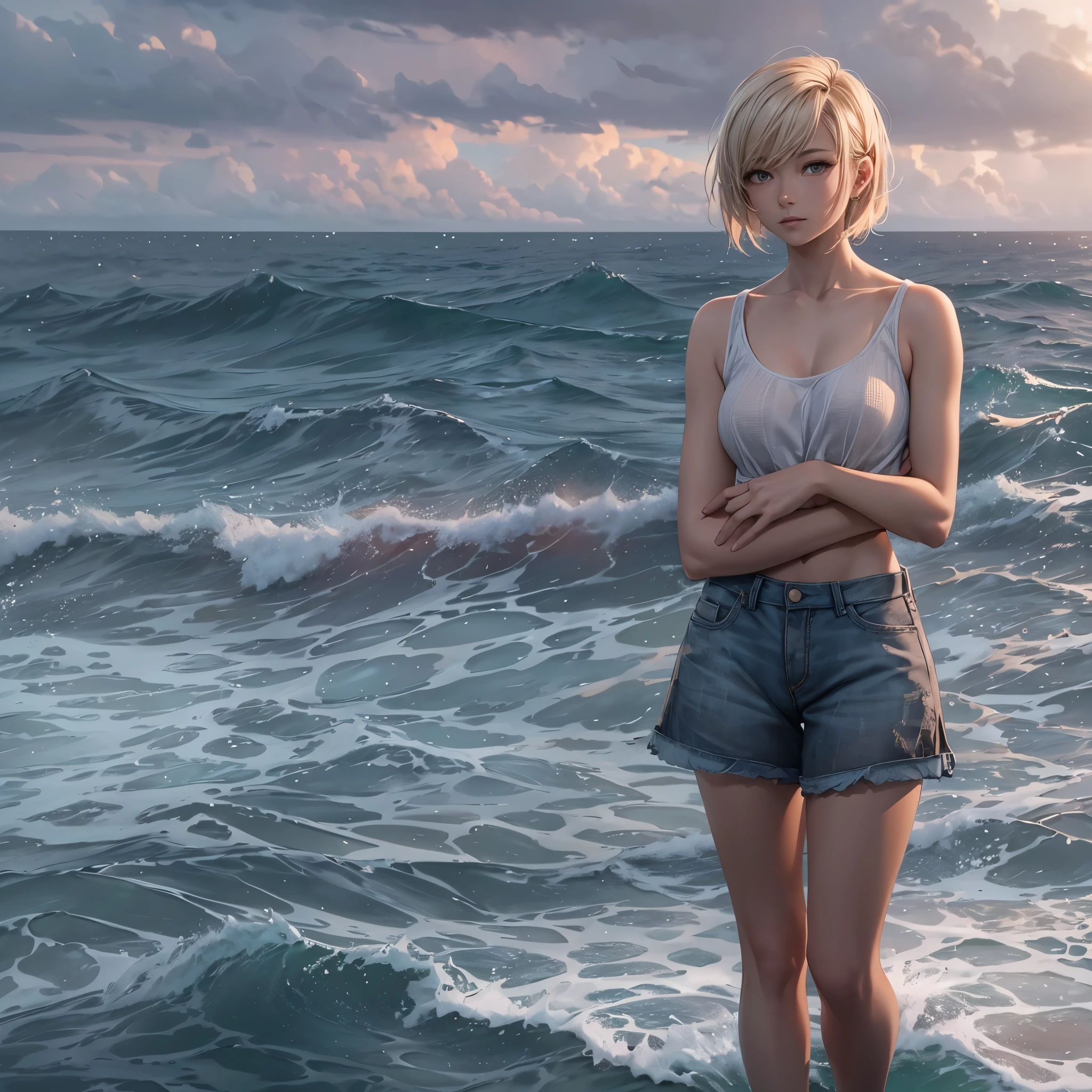 A 20 year old girl with short blonde hair standing alone on a small island in the sea, serene ocean waves, overcast sky, peaceful atmosphere, photorealistic, highly detailed, 8K, (best quality,4k,8k,highres,masterpiece:1.2),ultra-detailed,(realistic,photorealistic,photo-realistic:1.37),HDR,UHD,studio lighting,ultra-fine painting,sharp focus,physically-based rendering,extreme detail description,professional,vivid colors,bokeh