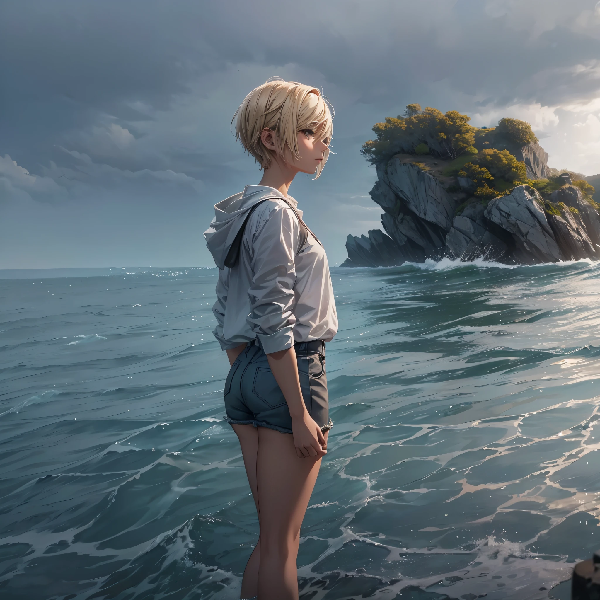 A 20 year old girl with short blonde hair standing alone on a small island in the sea, serene ocean waves, overcast sky, peaceful atmosphere, photorealistic, highly detailed, 8K, (best quality,4k,8k,highres,masterpiece:1.2),ultra-detailed,(realistic,photorealistic,photo-realistic:1.37),HDR,UHD,studio lighting,ultra-fine painting,sharp focus,physically-based rendering,extreme detail description,professional,vivid colors,bokeh