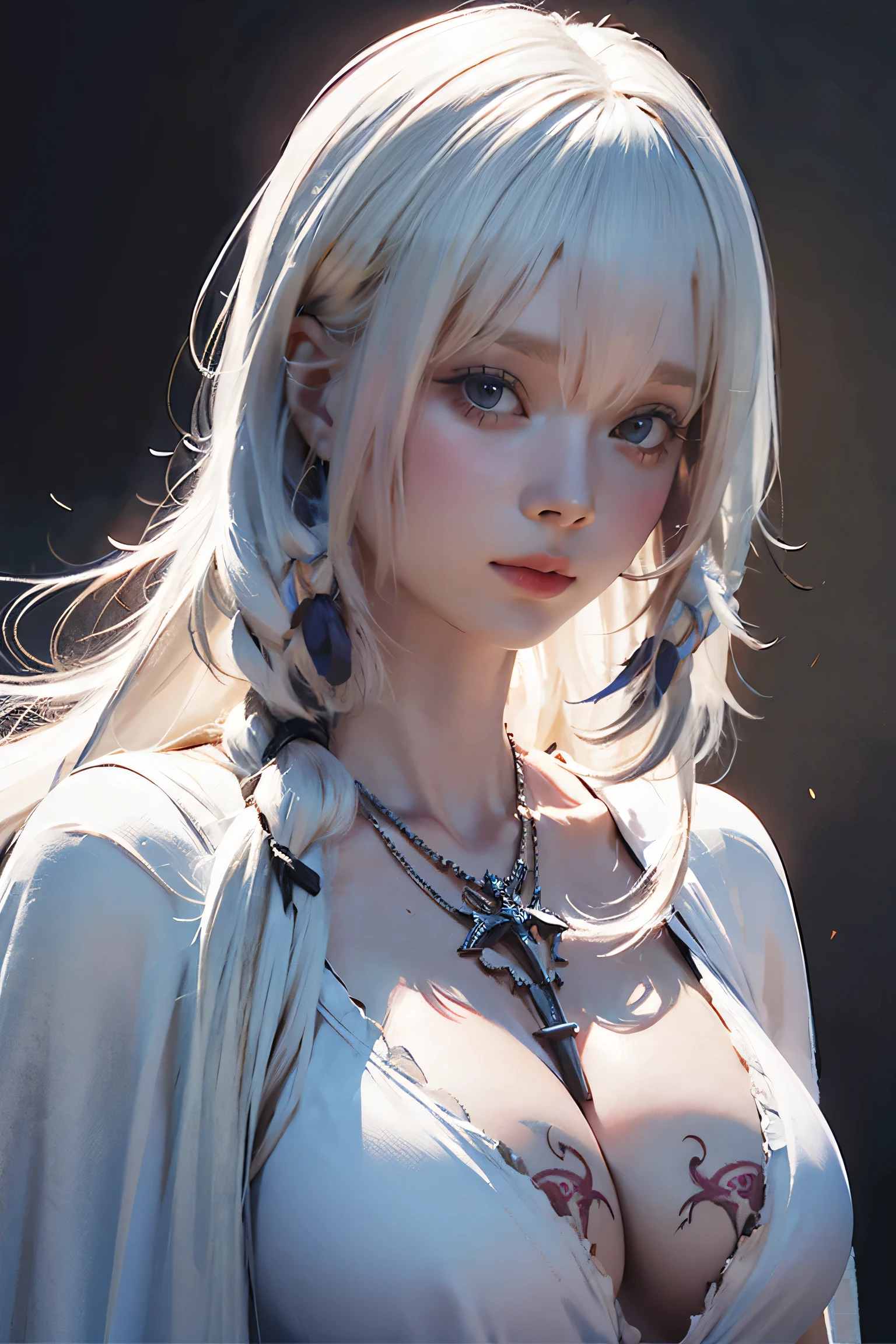 ((Close-up of a woman with tattoos on her chest)), girl, ((Long white hair with bangs, Black strands of hair)), Purple eyes, White T-shirt and white cape, Pendant around the neck. 超High resolution.Photorealistic. 超High resolution.Photorealistic:1.4,超High resolution. Realistic,High resolutionで, masterpiece, Highest quality, Very detailed, Better Shadows, Volumetric lighting), super high quality, High resolution, 8k, Ultra-Realistic Portraits , Photorealistic, Dynamic Lighting, Volumetric lighting, Very detailed顔,(NSFW:1.0),Large Breasts