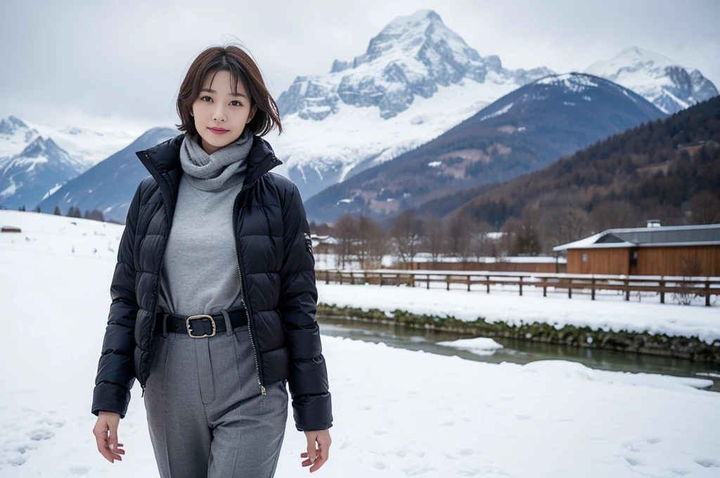 In snowy Switzerland, middle metaverse, with short hair, 3~Female model in her 40s, 4 thousand ], 4K], 37 year old Korean woman, Inspired by movie star Kim Ji-won, View of the snowy landscape of Jungfrau, Switzerland. padded jacket, casual pants. thick muffler、gray muffler, Photo showing the waist area, slightly smiling expression, Slight wrinkles are visible on the face of a woman in her 50s.. casual pants를 입고, Show your waist. Standing on white snow, Woman in her 50s, 1 woman alone, Visible up to the waist, short medium bob hair.