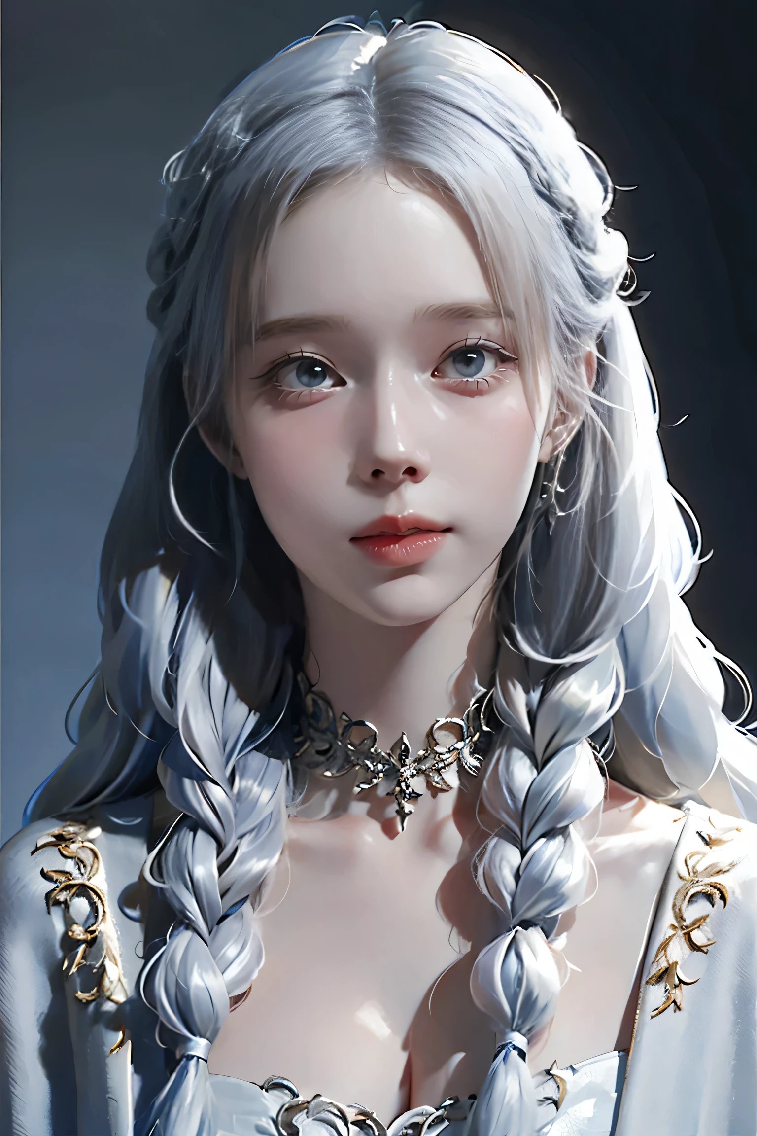 (Highest quality, masterpiece:1.2), Ultra-high resolution, Realist, Front lighting, Intricate details, Exquisite detail and texture, 1 girl, alone ,(young), Facial highlights, Upper body, Detailed face, Teardrop Mole, white skin, Silver Hair, Horse tail, Braid, Looking at the audience, Big eyes, that robe, (Hollow pattern, white, that), Earrings, Small breasts, Skinny body, Luxurious Room, Professional Lighting, Photon Mapping, Radio City, Physically Based Rendering,