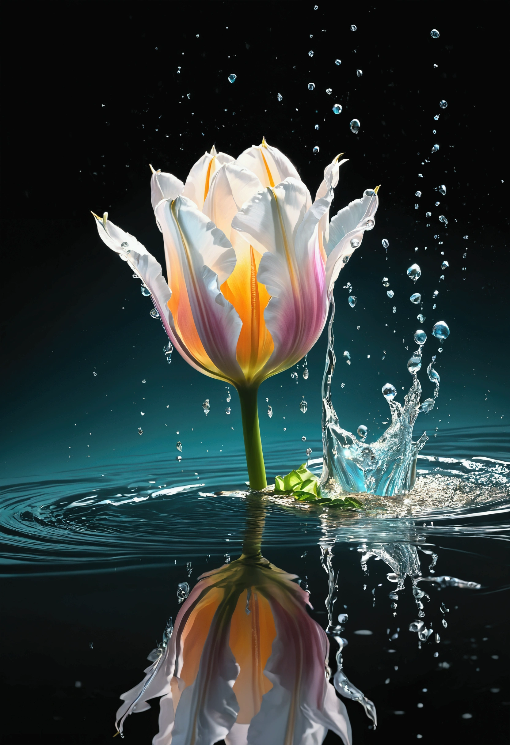 (((intricate detail:1.4))), (((extremely insane detail:1.4))),(((highest quality:1.3))), (((Soft colors 4k highly detailed digital art:1.3))). | Close up of delicate splash of water that forming into magical crystal tulip, as splash of water reflect light, water reflect the magical crystal tulip, each splash detailed and rendered with a masterful gouache technique,surrounded by mysterious atmosphere of light and shadow art, splash of water everywhere, great environment, subtly illuminate,fantasy art behance,surreal, its beauty and strength captured,It gives a majestic aura. Rendered in ultra-high definition with UHD and retina quality, this masterpiece ensures anatomical correctness and textured skin with super detail. With a focus on high quality and accuracy, this award-winning portrayal captures every nuance in stunning 16k resolution, immersing viewers in its lifelike depiction. | ((perfect_composition, perfect_design, perfect_layout, perfect_detail, ultra_detailed)), ((enhance_all, fix_everything)), More Detail, Enhance.