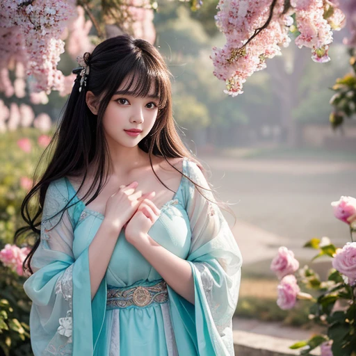 best quality, Delicate face，beautiful visual work, lifelike, eternity, black hair, Long curly hair, blunt bangs, Smile, Detailed Background, Delicate face，pink blush，cold，((masterpiece))、(top quality)、8k、high detail、Super detailed，21 years old female，身穿唐制Hanfu、waist skirt, Clothes are light and fluffy，Hanfu, wide sleeves, Tunic, Clothes made of chiffon, Seductive and whimsical style、masterpiece、born、Scenes resembling fairy tale illustrations、intricate details和複雜的設計、Beautifully、magic、capricious、 Beautifully、Dream aesthetics、「𝓡𝓸𝓶𝓪𝓷𝓽𝓲𝓬、ethereal、charming、fickle、magic」、realism、Visual effects、FXAA、SSAO、Shader、voiceless、ambient lighting、Tone mapping、High resolution、Ultra high quality、Million pixels、(8K resolution:1.10)、8k、8k以下、8K resolution、high detail、intricate details， (high quality:1.2、masterpiece:1.2、:1.21)、(21 years old female:1.21)、(興奮地Smile)、(被dream般的氛圍所包圍、Model diagram，full-body shot，Normal 2 feet，Cross your hands and hide them in your sleeves，You can clearly see that her breasts are very big inside the clothes, Big ，Chest G cup, antiquity, Xian Xia, gauze clothes, Soft and fluttering, Fairy, dream, fantasy, light, Elegant, nature, Immortal, light green clothes