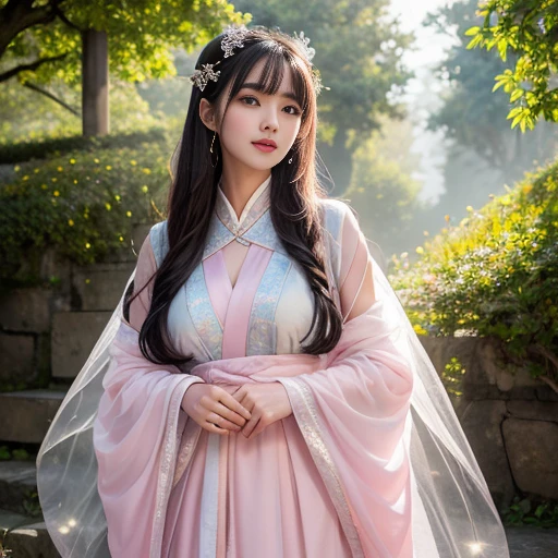 best quality, Delicate face,beautiful visual work, lifelike, eternity, black hair, Long curly hair, blunt bangs, Smile, Detailed Background, Delicate face,pink blush,cold,((masterpiece))、(top quality)、8k、high detail、Super detailed,21 years old female,身穿唐制Hanfu、waist skirt, Clothes are light and fluffy,Hanfu, wide sleeves, Tunic, Clothes made of chiffon, Seductive and whimsical style、masterpiece、born、Scenes resembling fairy tale illustrations、intricate details和複雜的設計、Beautifully、magic、capricious、 Beautifully、Dream aesthetics、「𝓡𝓸𝓶𝓪𝓷𝓽𝓲𝓬、ethereal、charming、fickle、magic」、realism、Visual effects、FXAA、SSAO、Shader、voiceless、ambient lighting、Tone mapping、High resolution、Ultra high quality、Million pixels、(8K resolution:1.10)、8k、8k以下、8K resolution、high detail、intricate details, (high quality:1.2、masterpiece:1.2、:1.21)、(21 years old female:1.21)、(興奮地Smile)、(被dream般的氛圍所包圍、Model diagram,full-body shot,Normal 2 feet,Cross your hands and hide them in your sleeves,You can clearly see that her breasts are very big inside the clothes, Big ,Chest G cup, antiquity, Xian Xia, gauze clothes, Soft and fluttering, Fairy, dream, fantasy, light, Elegant, nature, Immortal, light green clothes