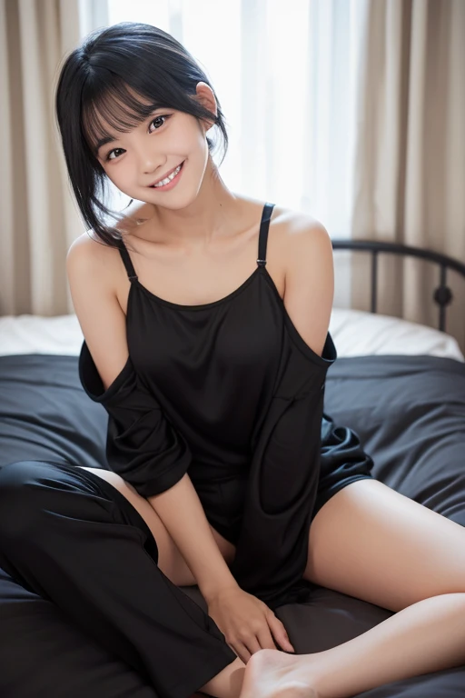 Close ~ eyes,pastel colors t-shirt,off-shoulder look,bare shoulder,ollarbone,midriff peek,short shorts,(open mouth:1.5),(tongue out:2),lying,overhead shot,side view,face focus,(1girl,Beautiful 14 year old girl,teenager),((Slender,Small breasts,Small face,)),(looking at viewer),Black Hair,bangs,one side up,Beautiful and detailed,(Dimly lit room:1.5),White bed,pillow,Mischievous smile
