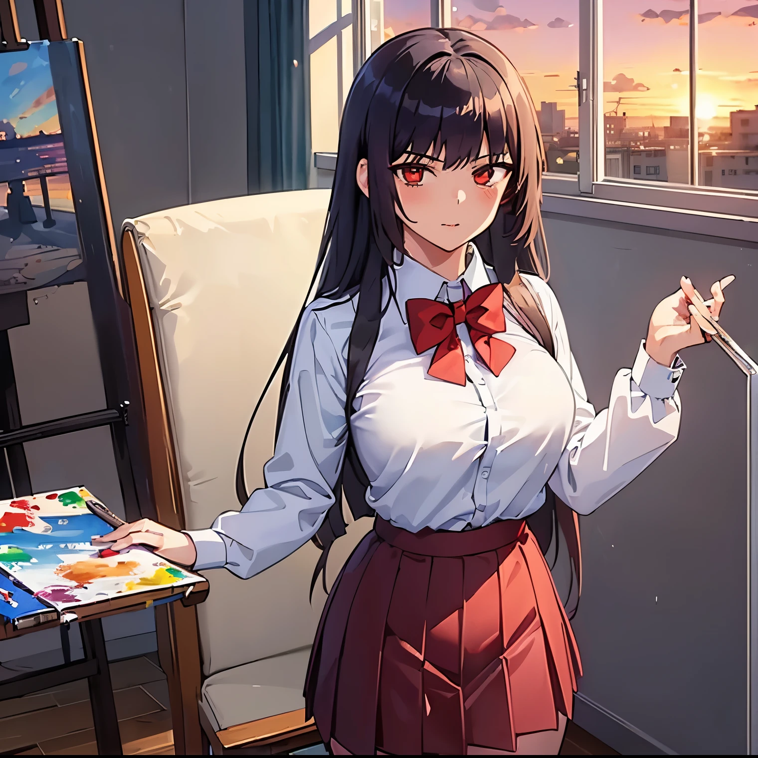 ((1girl)),((alone)),Sana sunomiya,(masterpiece), (best quality), (ultra detailed), (best illustration), (best shadow), (absurdities), sharp focus, cowboy shot ,atmospheric perspective, depth of field, dynamic posture looking at the viewer, large breasts, narrow waist, wide hips, wide thighs, round butt, erotic, romantic, (very detailed eyes, lips 1.1), very detailed eyes, eyes, very face detailed, Very beautiful face, full height, beautiful slim figure, femininity, expressive appearance, elastic big breasts, sexuality, long hair, bangs, black hair, (red eyes:1.4), hime cut, (haggard eyes:1.5), skirt, shirt, long sleeves, bow, school uniform, white shirt, pleated skirt, collared shirt, bow tie, red bow, blue skirt, red bow tie, tucked in shirt, curves, defined body, Perfect and beautiful body, perfect and beautiful , closed mouth, smile, happy smile, blushing, (sexy pose: 1.2), ((solo)), standing: 1.3, ((art room: 1.5, window: 1.5, sunset: 1.5, easel: 1.5, armchair: 1.3, locker: 1.4, painting: 1.4)), looking forward, ((focus on hips)), point of view: (from the middle), perfect anatomy, perfect hands