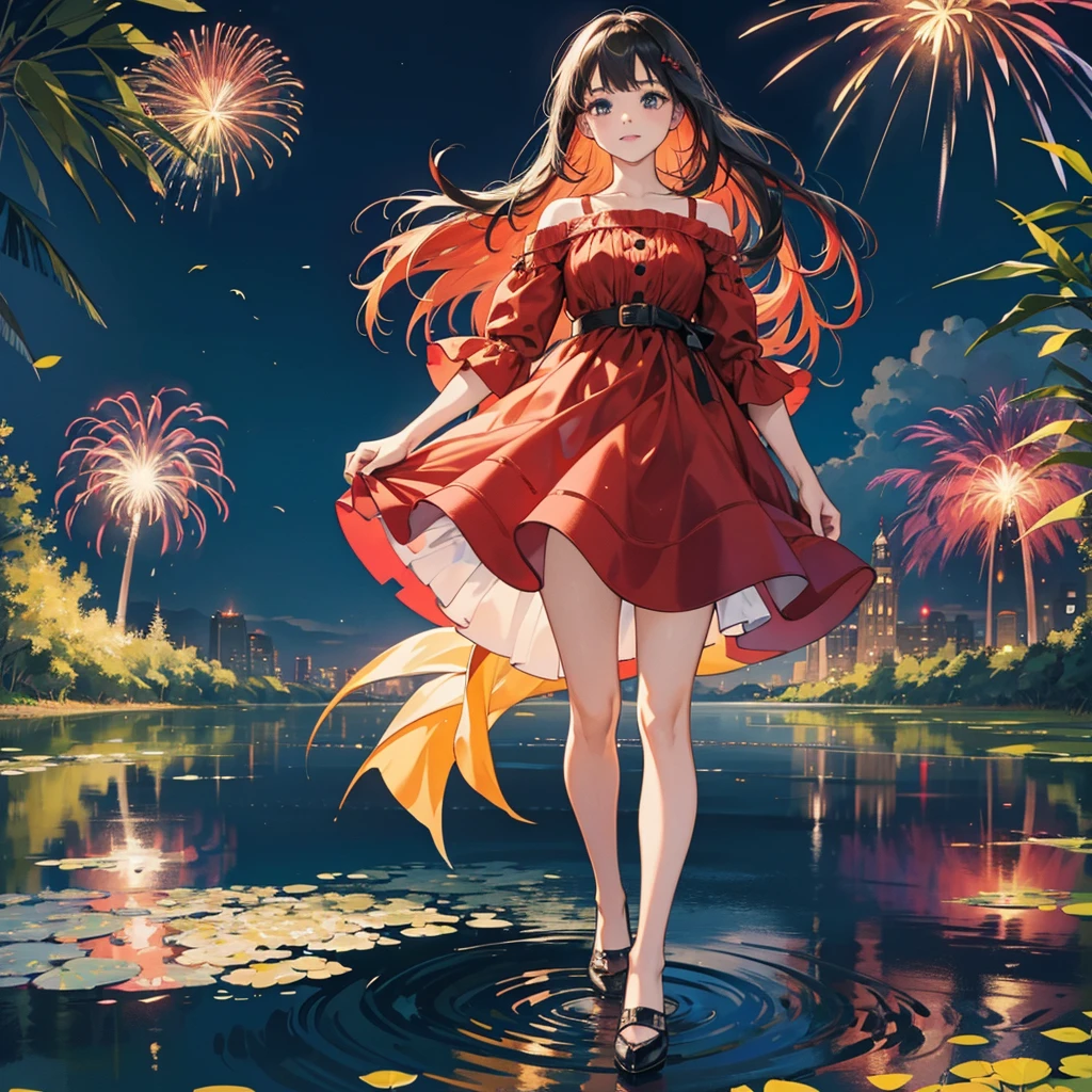 A young girl stands in the middle of a summer lake, colorful leaves around her, she is wearing a red dress and black shoes, water ripples out to form rings on the ground, The light from the fireworks is reflected on the surface of the lake., digital art, colorful, beautiful colors, bright colors, colorful paint splashes, vibrant colors, vivid colors, high resolution, hyper-realistic, highly detailed