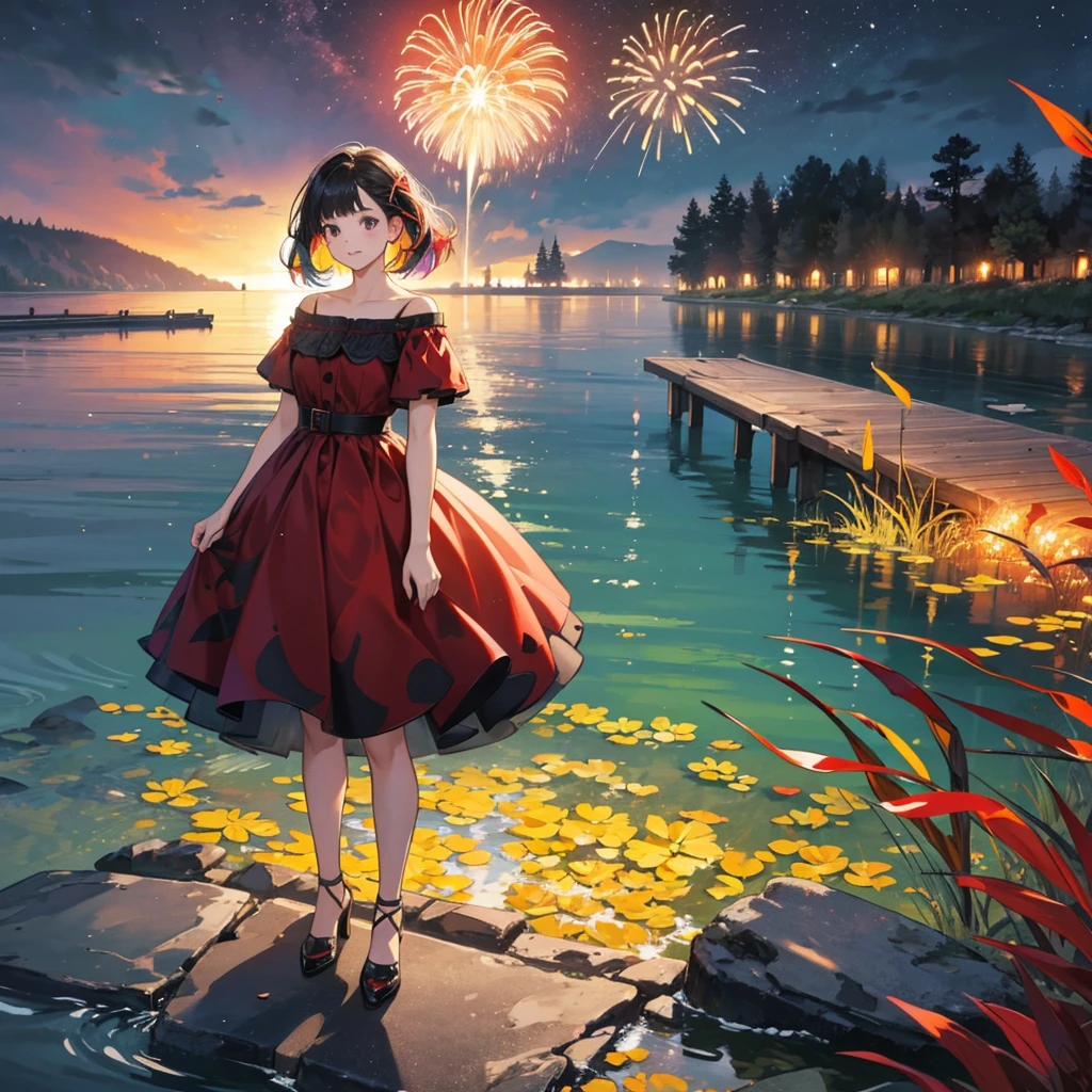 A young girl stands in the middle of a summer lake, colorful leaves around her, she is wearing a red dress and black shoes, water ripples out to form rings on the ground, The light from the fireworks is reflected on the surface of the lake., digital art, colorful, beautiful colors, bright colors, colorful paint splashes, vibrant colors, vivid colors, high resolution, hyper-realistic, highly detailed