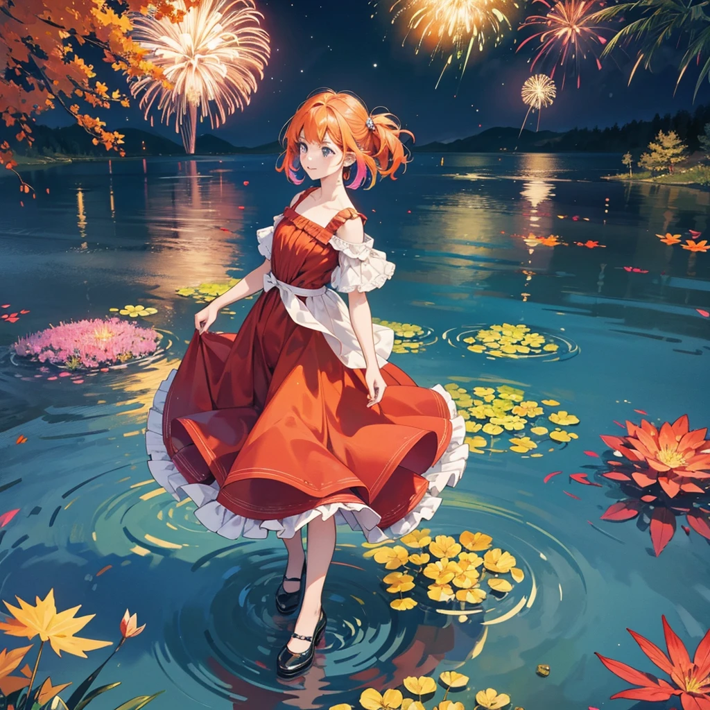 A young girl stands in the middle of a summer lake, colorful leaves around her, she is wearing a red dress and black shoes, water ripples out to form rings on the ground, The light from the fireworks is reflected on the surface of the lake., digital art, colorful, beautiful colors, bright colors, colorful paint splashes, vibrant colors, vivid colors, high resolution, hyper-realistic, highly detailed
