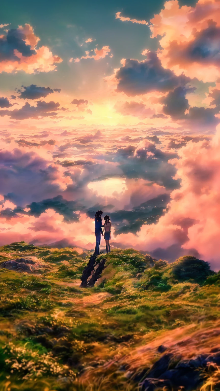 Animation scene of a man and woman walking on a hill, makoto shinkai cyril rolando, Studio Ghibli Sky, Makoto Shinkai. Octane Rendering, ( ( Makoto Shinkai ) ), makoto shinkai and bioware, Studio Ghibli Nikko, Makoto Shinkai. —h 2160, yourname, Makoto Shinkai movie