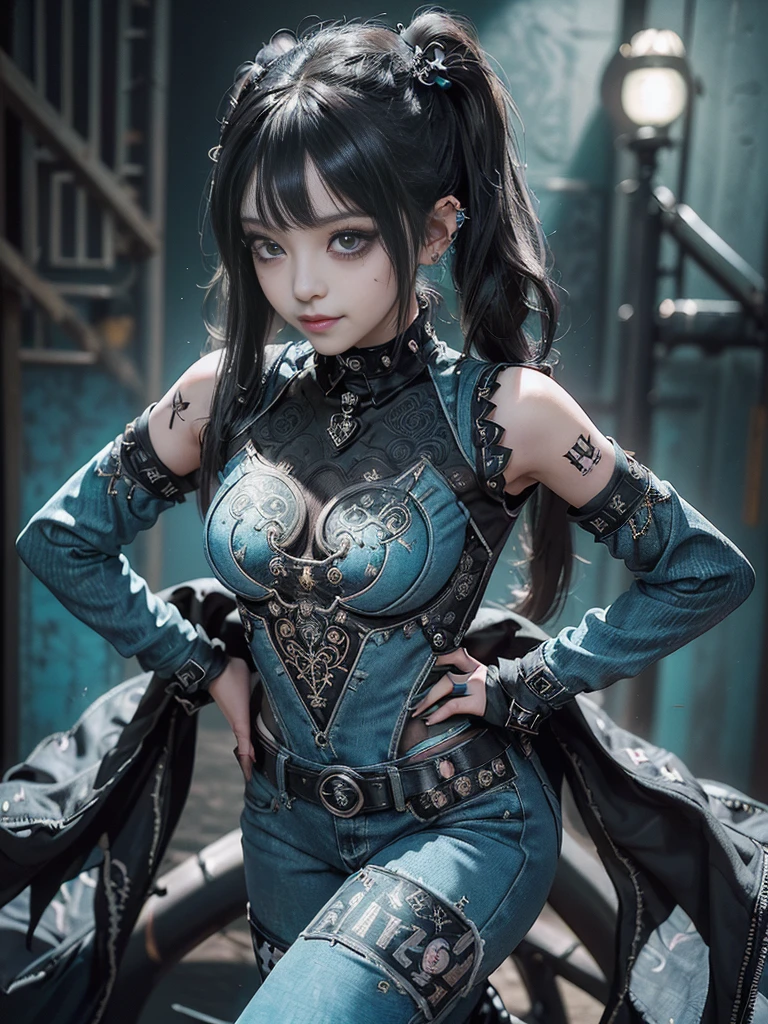 (Full Body View:1.2)、(Full body:1.3)、(Smiling with teeth showing:1.3),(Shibuya Gal:1.5)、(Gothic Lolita style fashion:1.5)、(Punk RockVisual Kei:1.5)、(Wearing a rhythmic gymnastics bodysuit with intricate details:1.4)、(Racing suit and pants with intricate turquoise, denim and charcoal decorations:1.5)、(Denim and light blue and turquoise boots:1.3)、((belt))、(Numerous delicate logo marks all over the costume:1.4)、(collar:1.3)、(Polka dot underwear:1.5)、20-year-old、NSFW、((Highest quality、In 8K、masterpiece:1.3))、Sharp focus:1.2、(Layered Cut、Huge boobs:1.1),Beautiful woman with perfect figure:1.4、(do a gravure pose:1.3)、Slender Abs:1.2、Highly detailed face and skin texture、Detailed eyes、double eyelid,(Twin tails:1.3)、(Black brown hair:1.3)、Gravure idol、(The background is the stage of the fashion show:1.3)、(Slim Body:1.3),(Make your legs thinner:1.4),（clavicle:1.1）
