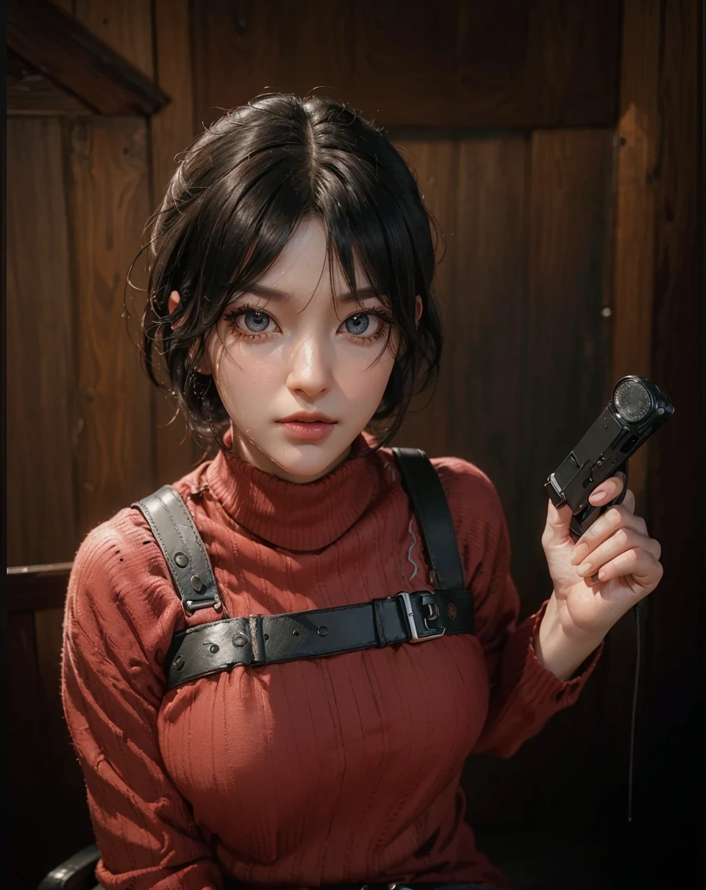 ( ADA WONG_RESIDENT EVIL 4),((realistic, photorealistic)),(highlight hair)), Light reflection, (( HD )),((upper body)), (((best quality, masterpiece))), (masterpiece) (best quality) (detail) (8k) (HDR) (wallpaper) (cinematic lighting) (sharp focuasterpiece, best quality: 1.1), Real life adaption of this character, realistic outfit, realistic shadow, realistic light, realism, hyper realistic, realistic background,realistic hair,(photorealistic:1.2), (masterpiece: 1.2), (best quality: 1.3), (clear details: 1.3), ((((ultra-detailed)))), ((detailed eyes)), (extremely detailed face:1.4), (highly detailed eyelash:1.6), Ada_re4, (sitting),(beautiful face:1.5), 1girl,black hair, short hair, red sweater, belt, black thigh boots, ((full body)),(realistic:1.7),((best quality)),absurdres,(ultra high res),(photorealistic:1.6),photorealistic,octane render,(hyperrealistic:1.2), (photorealistic face:1.2), (8k), (4k), (Masterpiece),(realistic skin texture), (illustration, cinematic lighting,wallpaper),( beautiful eyes:1.2),((((perfect face)))),(cute),((looking at viewer)), indoor,light hair,Gradient face