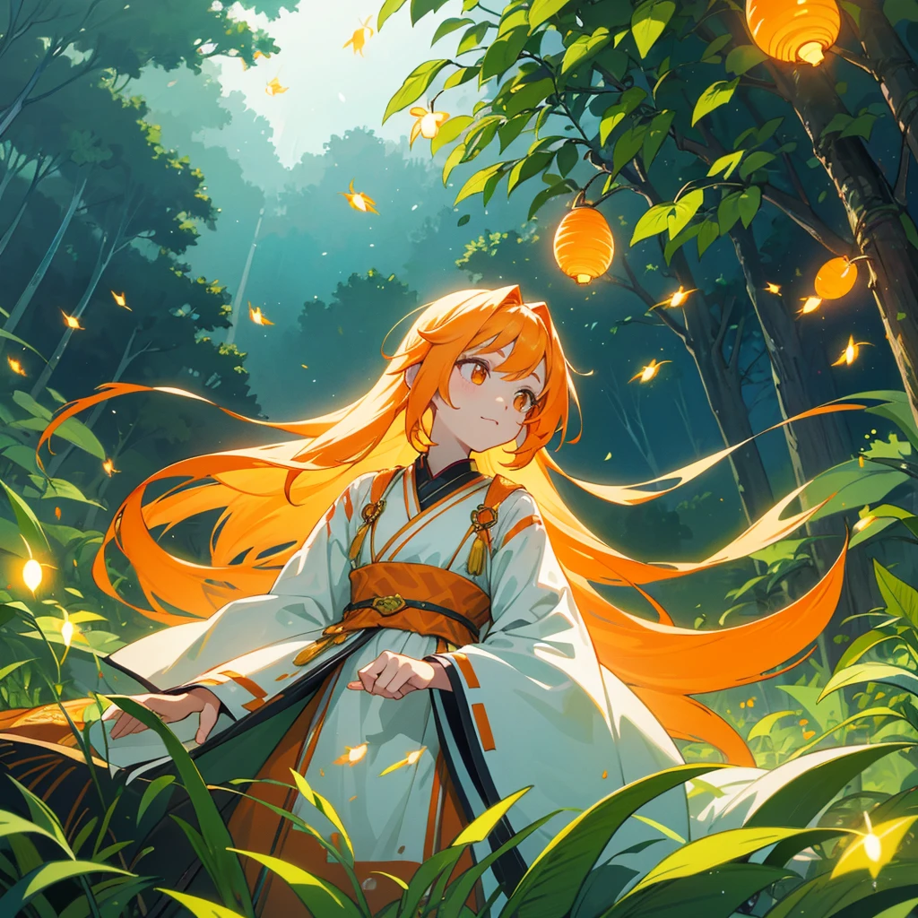 A cute orange long hair girl in a traditional attire,surrounded by luminous plants and fireflies, with a background in the style of an anime, dreamy colors, a fantasy world, nightcore, Y2K aesthetic, Fireflies,