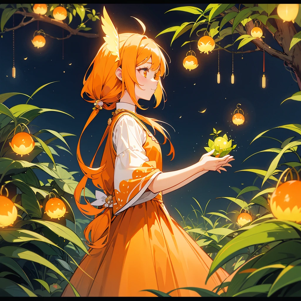 A cute orange long hair girl in a traditional attire,surrounded by luminous plants and fireflies, with a background in the style of an anime, dreamy colors, a fantasy world, nightcore, Y2K aesthetic, Fireflies,