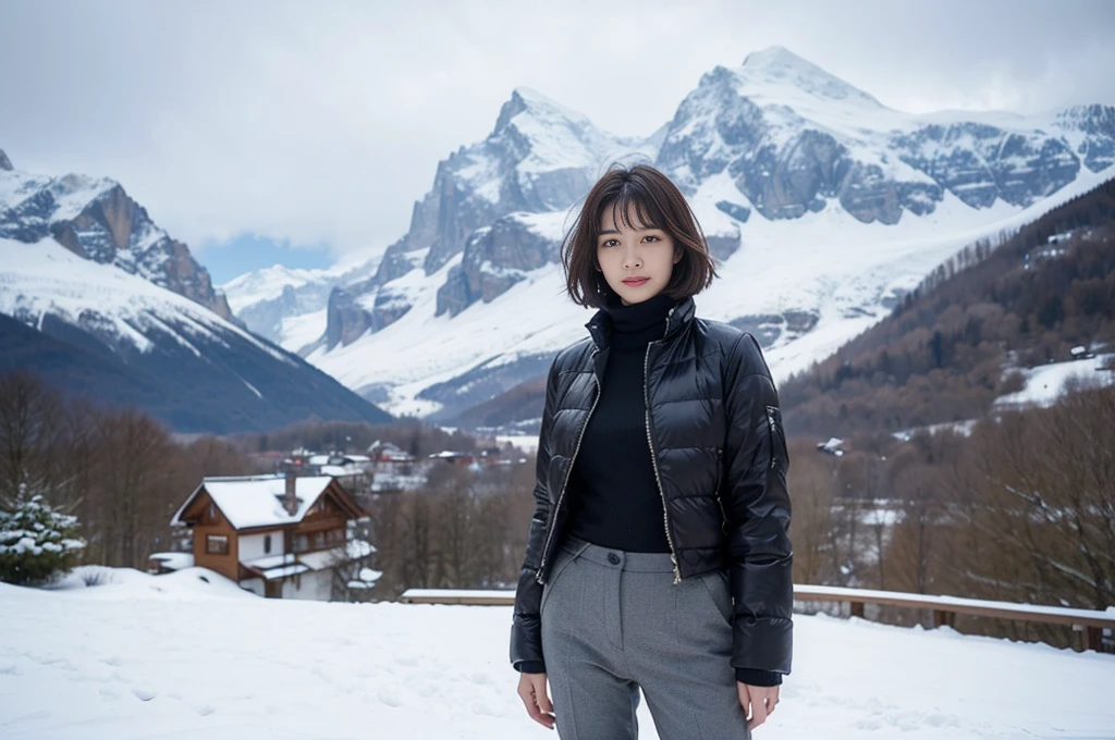 In snowy Switzerland, middle metaverse, with short hair, 3~Female model in her 40s, 4 thousand ], 4K], 37 year old Korean woman, Inspired by movie star Kim Ji-won, View of the snowy landscape of Jungfrau, Switzerland. padded jacket, casual pants. thick muffler、gray muffler, Photo showing the waist area, slightly smiling expression, Slight wrinkles are visible on the face of a woman in her 50s.. casual pants를 입고, Show your waist. Standing on white snow, Woman in her 50s, 1 woman alone, Visible up to the waist, short medium bob hair