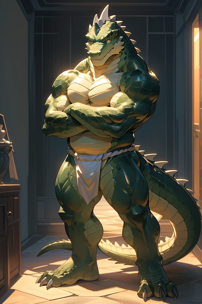 ((( masterpiece, Highest quality, High resolution, Deeply drawn boundaries, 8k, Super detailed))), ((Detailed face:1.2, Detailed eyes)), Crocodile, male , (Muscular), (White Fundoshi), Full body view, (Latex Skin), Featureless crotch, (belly scales), Dark bedroom, Standing with legs apart, Slit pupil, Green scales, barefoot, Arms crossed,
