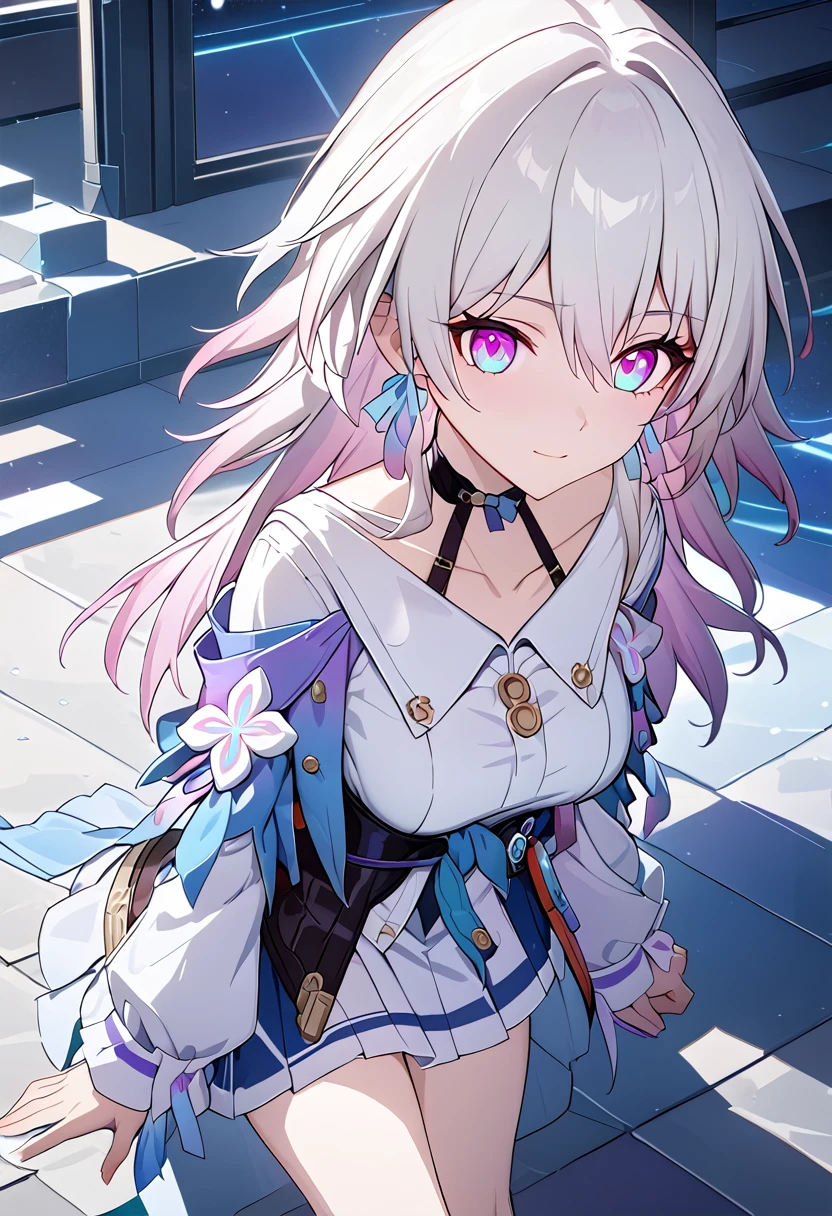 march7th(HONKAI_STAR RAIL), multicolored_eyes, ribbon earrings, white hair, long hair, (masterpiece), long hair, isometric, UHD, high detail, anime aesthetic, Anime screenshot
