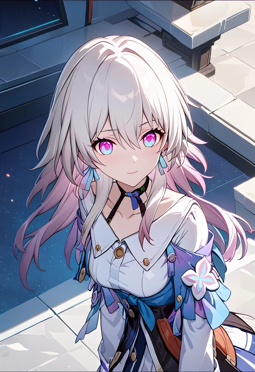 march7th(HONKAI_STAR RAIL), multicolored_eyes, ribbon earrings, white hair, long hair, (masterpiece), long hair, isometric, UHD, high detail, anime aesthetic, Anime screenshot
