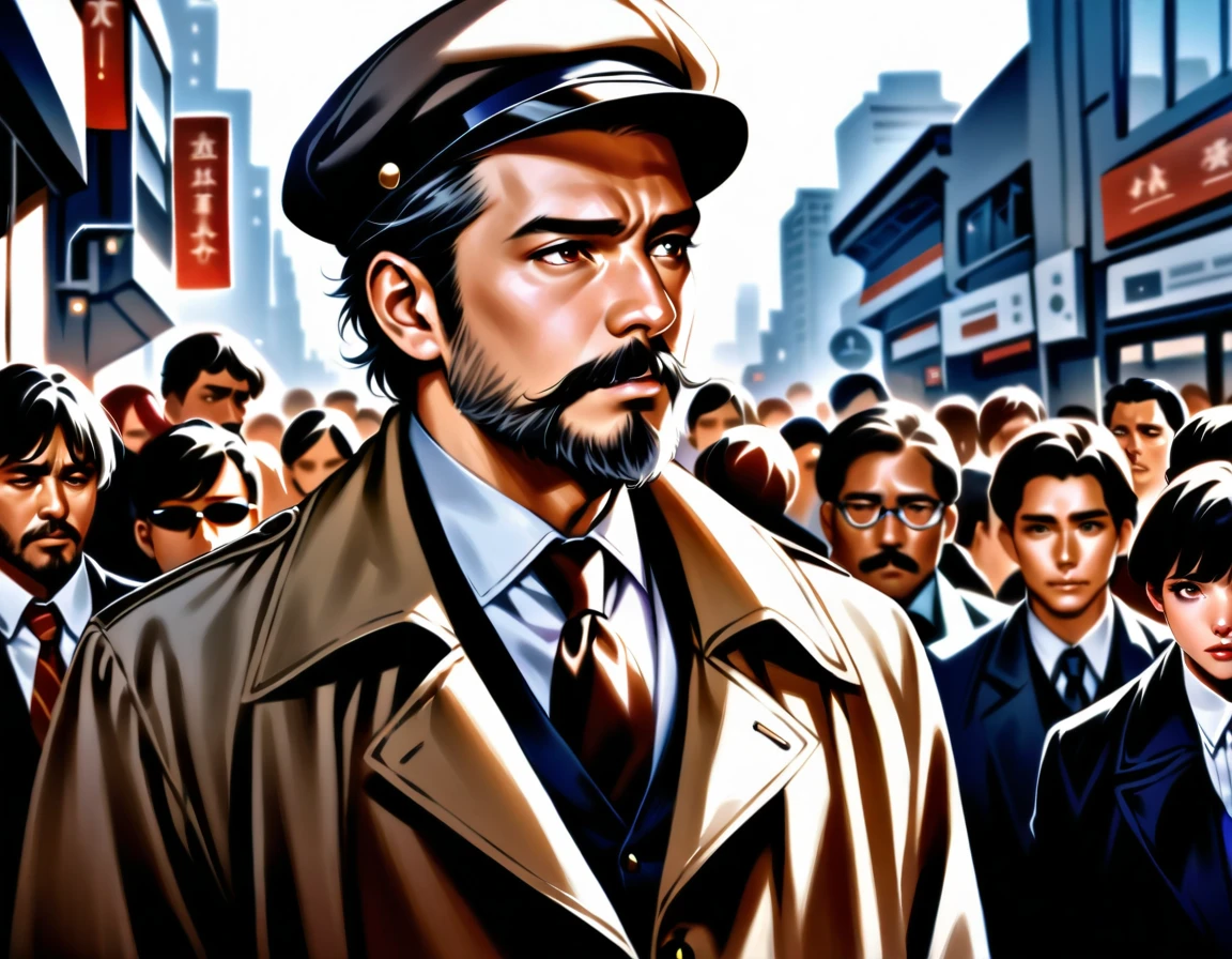 The skyline of the skyscrapers cut out the mosaic of the sky like pieces of a jigsaw puzzle. In the midst of the crowd of people, all of whom were indifferent and expressionless, his outdated attire, including his scruffy beard and tattered trench coat, stood out unexpectedly. A middle-aged private detective, with a sad look on his back, pushed his way through the crowd and hurried to his office., masterpiece, Realistic, raw photo, incredibly absurd resolution, absolute resolution, super high resolution,16k