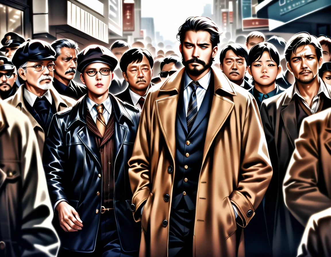 The skyline of the skyscrapers cut out the mosaic of the sky like pieces of a jigsaw puzzle. In the midst of the crowd of people, all of whom were indifferent and expressionless, his outdated attire, including his scruffy beard and tattered trench coat, stood out unexpectedly. A middle-aged private detective, with a sad look on his back, pushed his way through the crowd and hurried to his office., masterpiece, Realistic, raw photo, incredibly absurd resolution, absolute resolution, super high resolution,16k