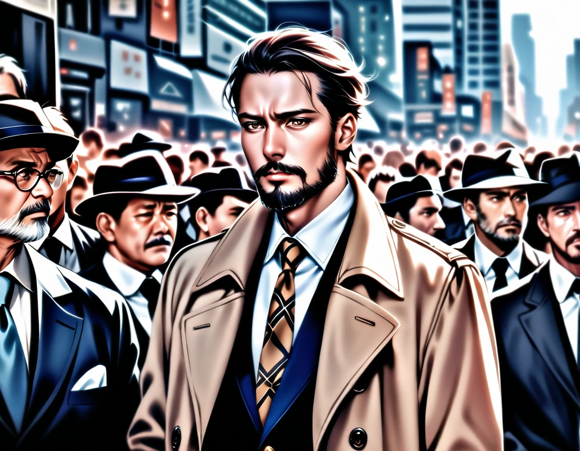 The skyline of the skyscrapers cut out the mosaic of the sky like pieces of a jigsaw puzzle. In the midst of the crowd of people, all of whom were indifferent and expressionless, his outdated attire, including his scruffy beard and tattered trench coat, stood out unexpectedly. A middle-aged private detective, with a sad look on his back, pushed his way through the crowd and hurried to his office., masterpiece, Realistic, raw photo, incredibly absurd resolution, absolute resolution, super high resolution,16k