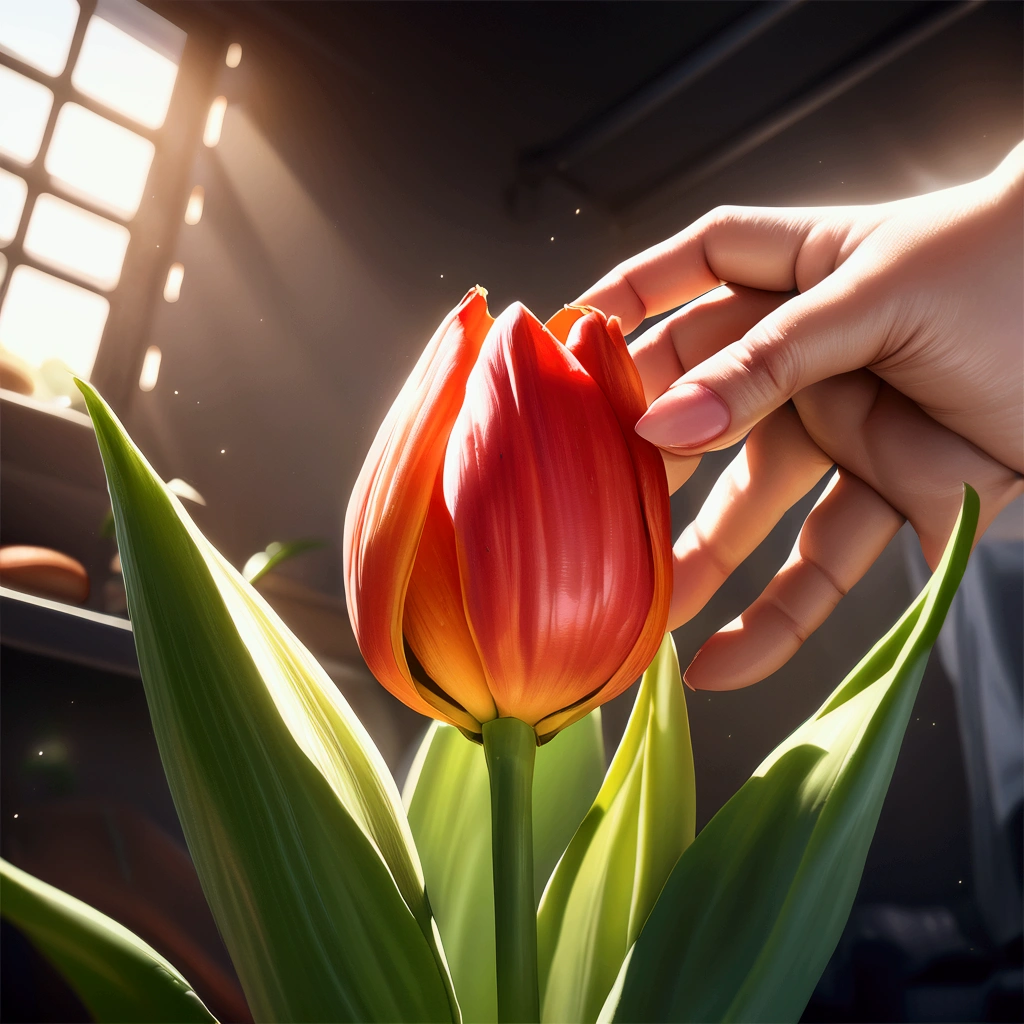 masterpiece, best quality, 8k, high detail, 1girl, holding Tulip, detailed,photorealistic,high quality,macro photography,vibrant colors,sharp focus,HDR,natural lighting,organic textures,glossy surface,juicy,ripe,fresh,realistic,studio lighting,