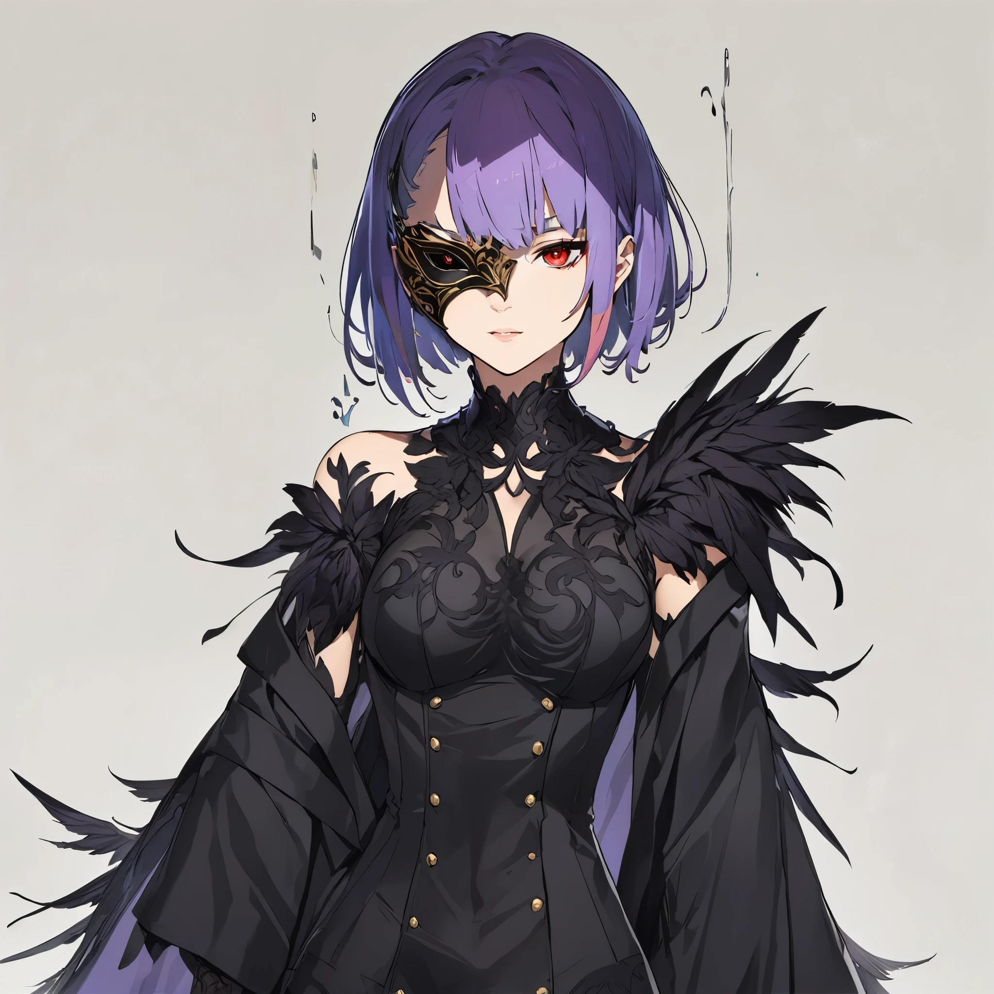 masterpiece, best quality, good quality, Highly detailed, shadowverse style, female, dark purple hair, mask, red eyes, modern aesthethic, medium hair