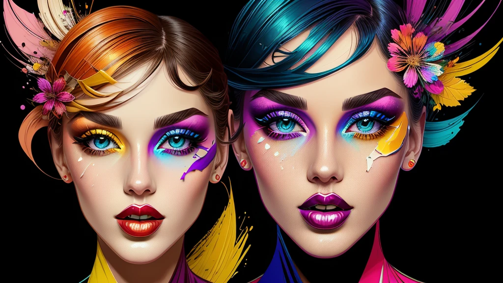 Create digital artwork in pop art style, Featuring vibrant and confident women in bold makeup and colorful fashion, Cinematic color scheme, Surrounded by abstract floral patterns, Powerful brushwork,Humor must be dynamic.