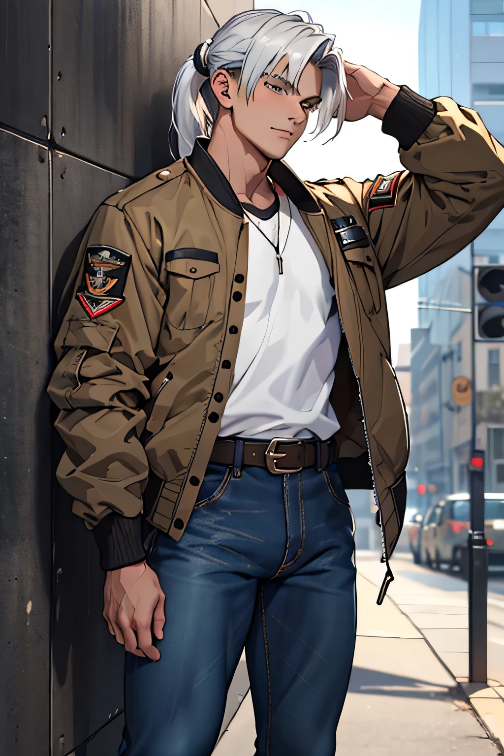 An 17 year old with white hair in a pony tail and has muscles and wears a ww2 style brown bomber jacket  and a black undershirt and wears dark blue jeans that have knees cut open and a black belt with a silver b 17 engraved belt buckle and has tan military boots 