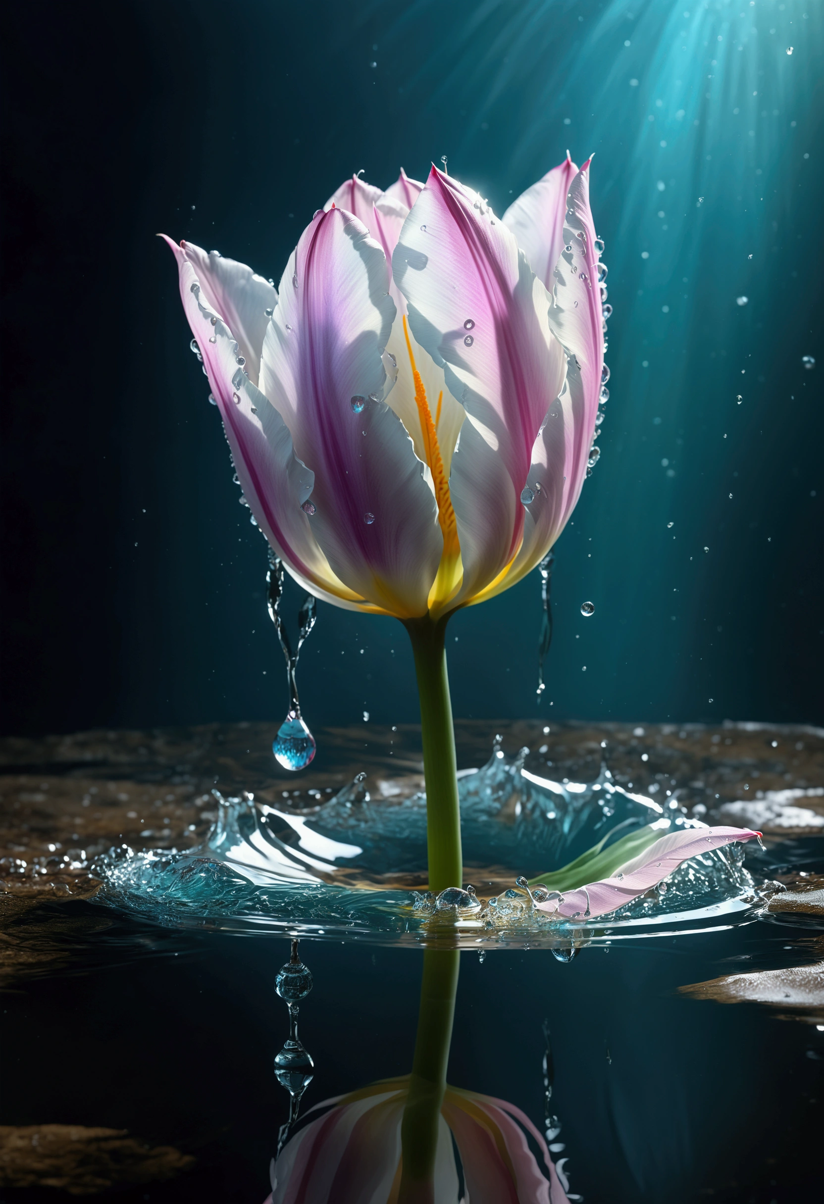 (((intricate detail:1.4))), (((extremely insane detail:1.4))),(((highest quality:1.3))), (((Soft colors 4k highly detailed digital art:1.3))). | Close up of delicate splash of water that forming into magical crystal tulip, as splash of water reflect light, water reflect the magical crystal tulip, each splash detailed and rendered with a masterful gouache technique,surrounded by mysterious atmosphere of light and shadow art, splash of water everywhere, great environment, subtly illuminate,fantasy art behance,surreal, its beauty and strength captured,It gives a majestic aura. Rendered in ultra-high definition with UHD and retina quality, this masterpiece ensures anatomical correctness and textured skin with super detail. With a focus on high quality and accuracy, this award-winning portrayal captures every nuance in stunning 16k resolution, immersing viewers in its lifelike depiction. | ((perfect_composition, perfect_design, perfect_layout, perfect_detail, ultra_detailed)), ((enhance_all, fix_everything)), More Detail, Enhance.
