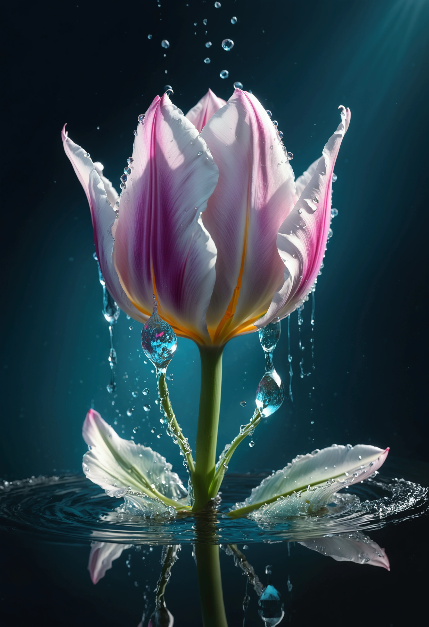 (((intricate detail:1.4))), (((extremely insane detail:1.4))),(((highest quality:1.3))), (((Soft colors 4k highly detailed digital art:1.3))). | Close up of delicate splash of water that forming into magical crystal tulip, as splash of water reflect light, water reflect the magical crystal tulip, each splash detailed and rendered with a masterful gouache technique,surrounded by mysterious atmosphere of light and shadow art, splash of water everywhere, great environment, subtly illuminate,fantasy art behance,surreal, its beauty and strength captured,It gives a majestic aura. Rendered in ultra-high definition with UHD and retina quality, this masterpiece ensures anatomical correctness and textured skin with super detail. With a focus on high quality and accuracy, this award-winning portrayal captures every nuance in stunning 16k resolution, immersing viewers in its lifelike depiction. | ((perfect_composition, perfect_design, perfect_layout, perfect_detail, ultra_detailed)), ((enhance_all, fix_everything)), More Detail, Enhance.